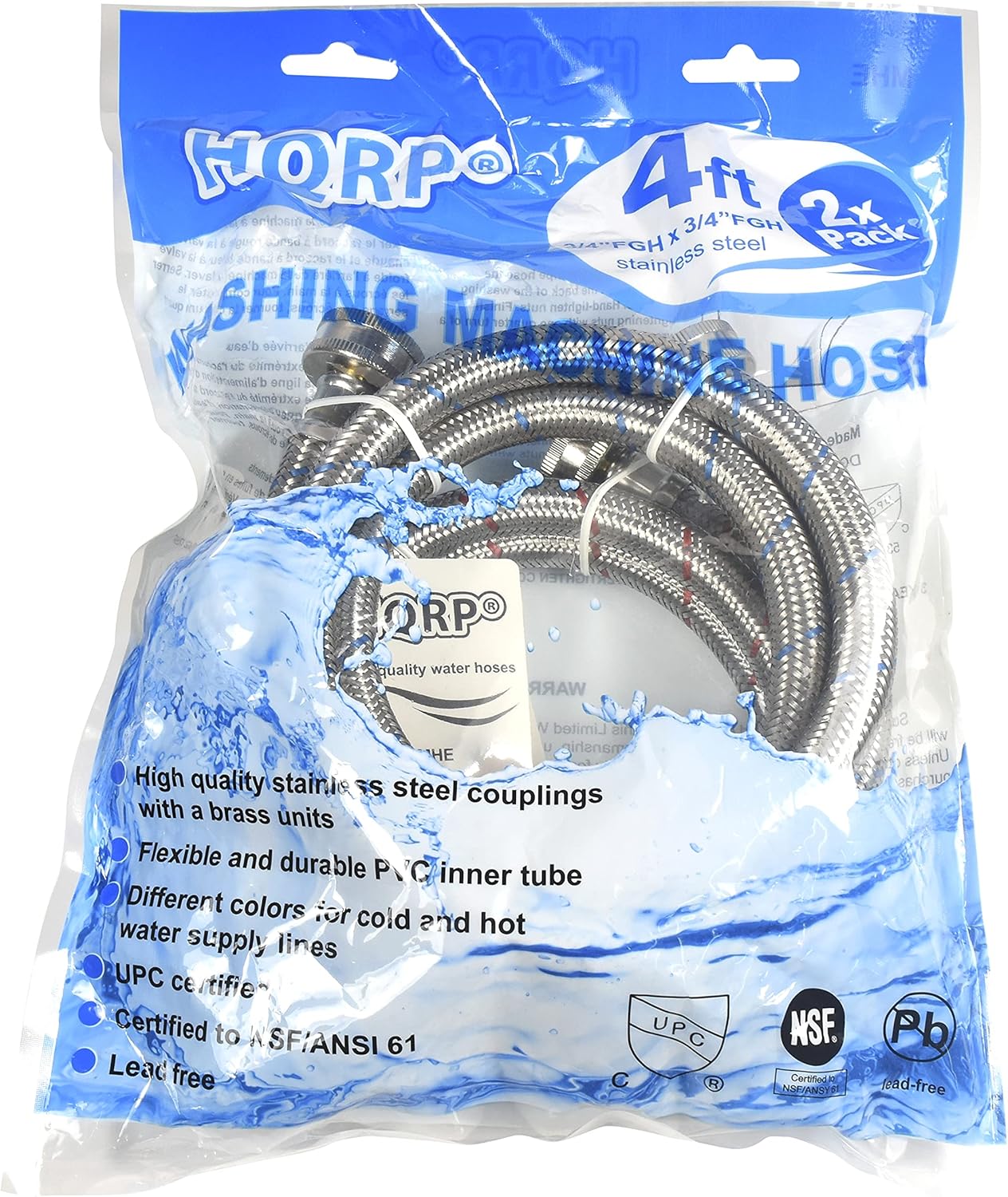 HQRP Premium Stainless Steel Washing Machine Hoses, 4-FT Burst Proof, Red and Blue Striped 4-Foot (12-pack)