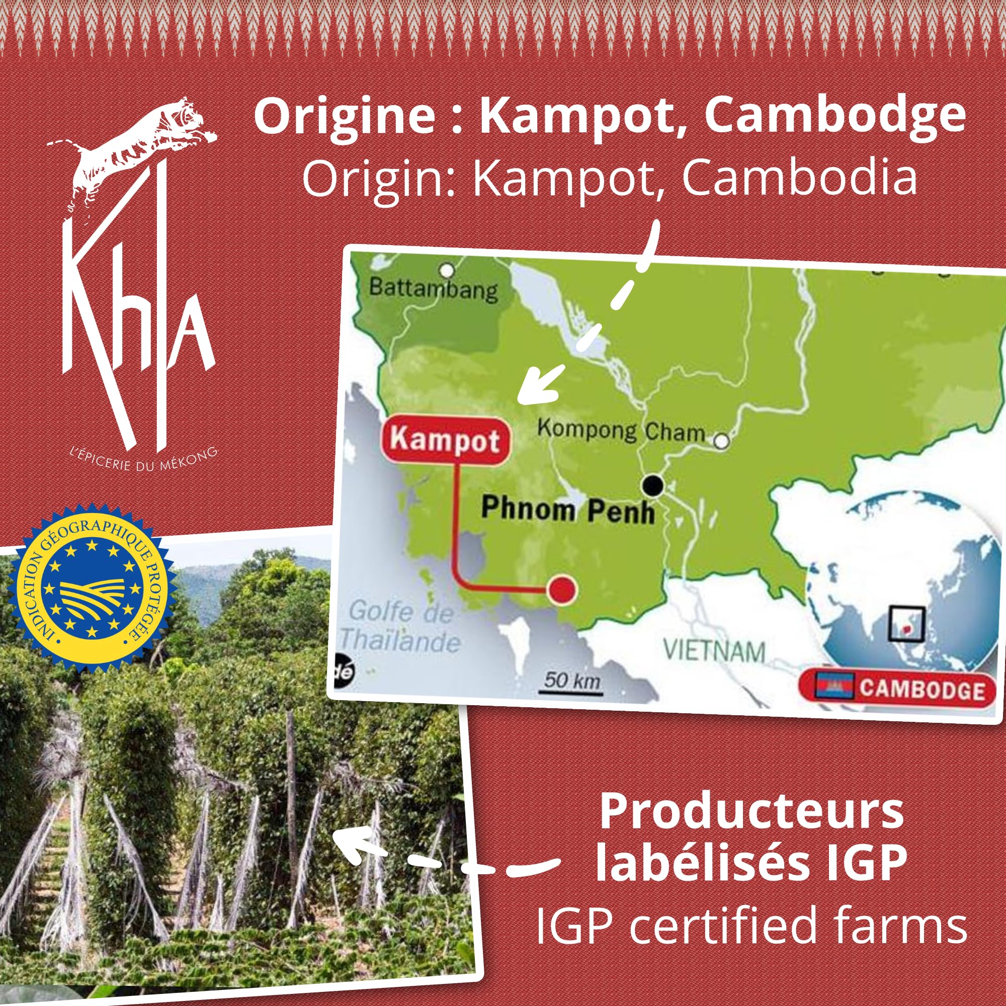 Khla - Poivre Rouge de Kampot Certifié Bio 200 g - Sachet Poivre en Grains Biologique - Grand Cru, Doux & Fruité - Ingrédient Cuisine - Direct Producteur - Épice Asie - Origine Cambodge