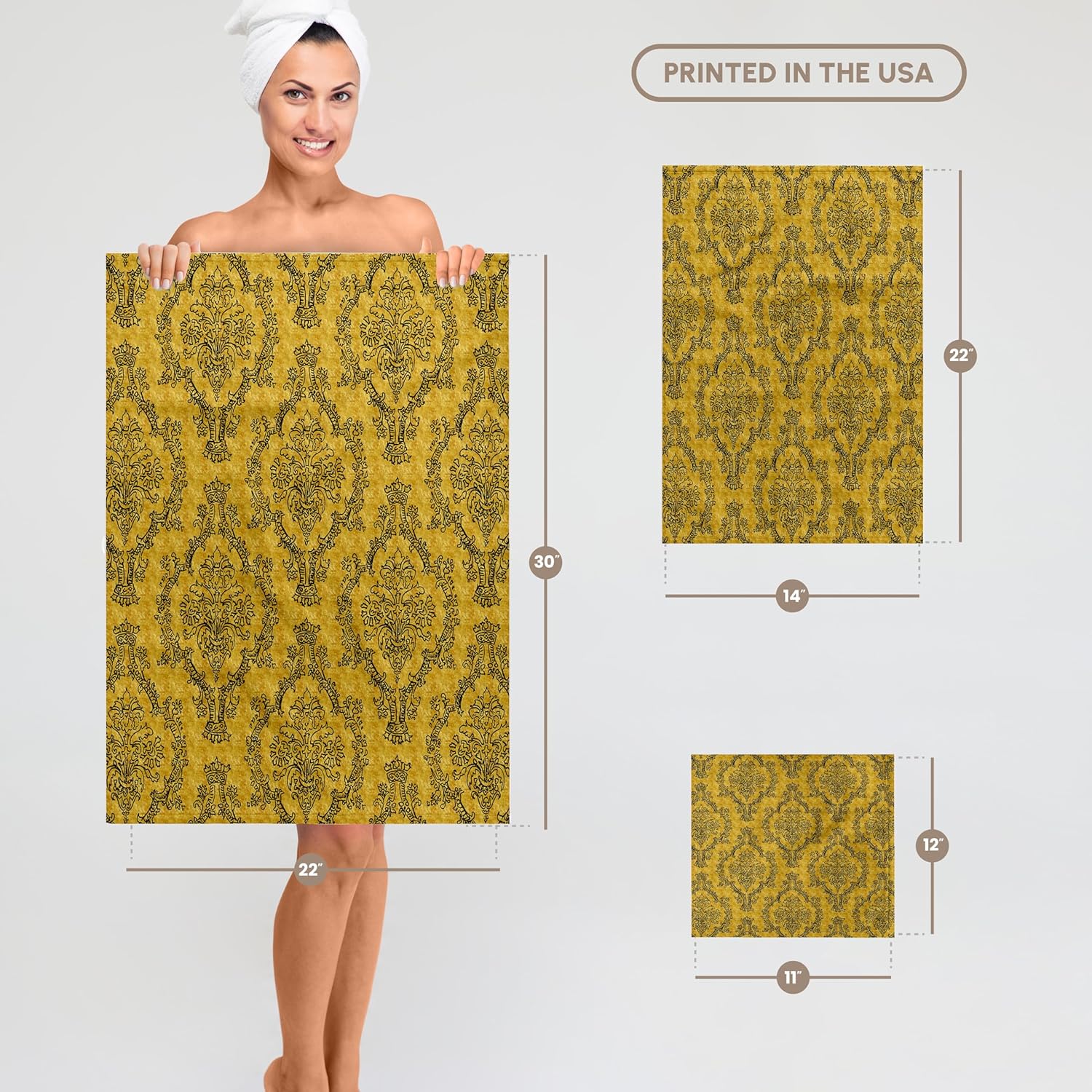 3dRose Pretty Vintage Mustard Yellow and Black Damask Pattern 22x30 Bath Hand Pool Towel