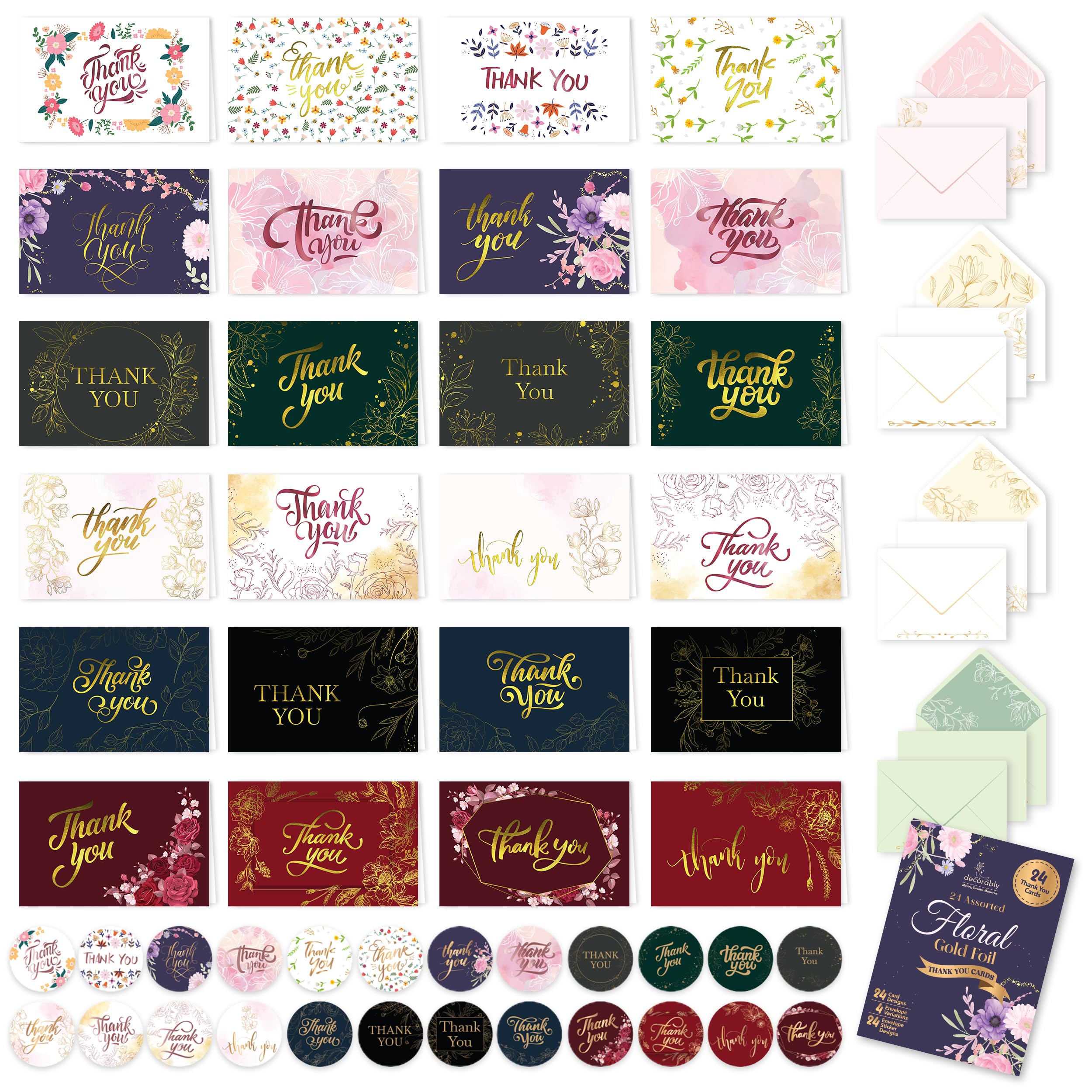 Decorably 24 Pack Gold-Foiled 6x4in Assorted Floral Thank You Cards with Envelopes and Stickers, 24 Unique Designs for Friends, Family and Loved Ones,