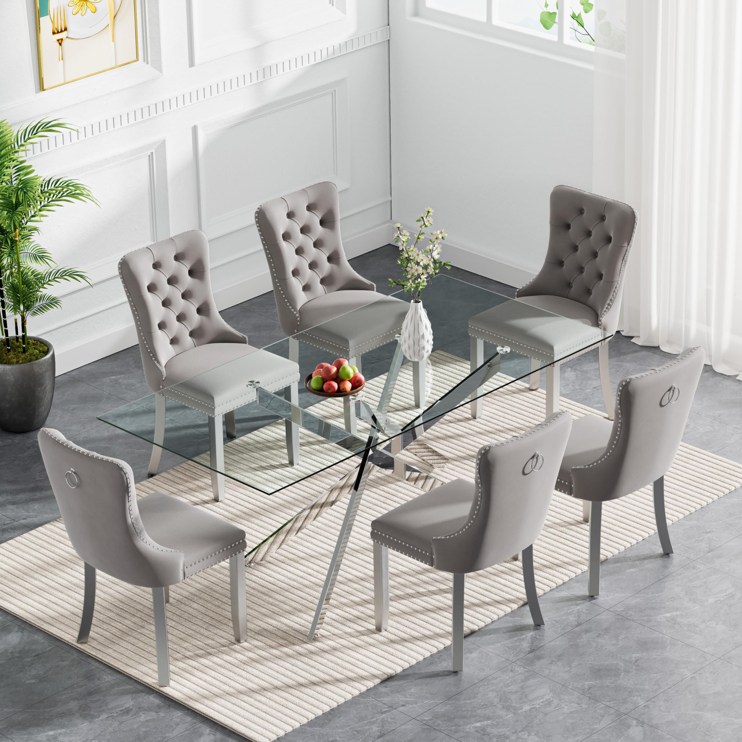 HomVent 7 Piece Rectangular Glass Dining Table Set, Tempered Glass Dinner Table Set for 6 Kitchen Table Set with 6 Velvet Upholstered Chairs for