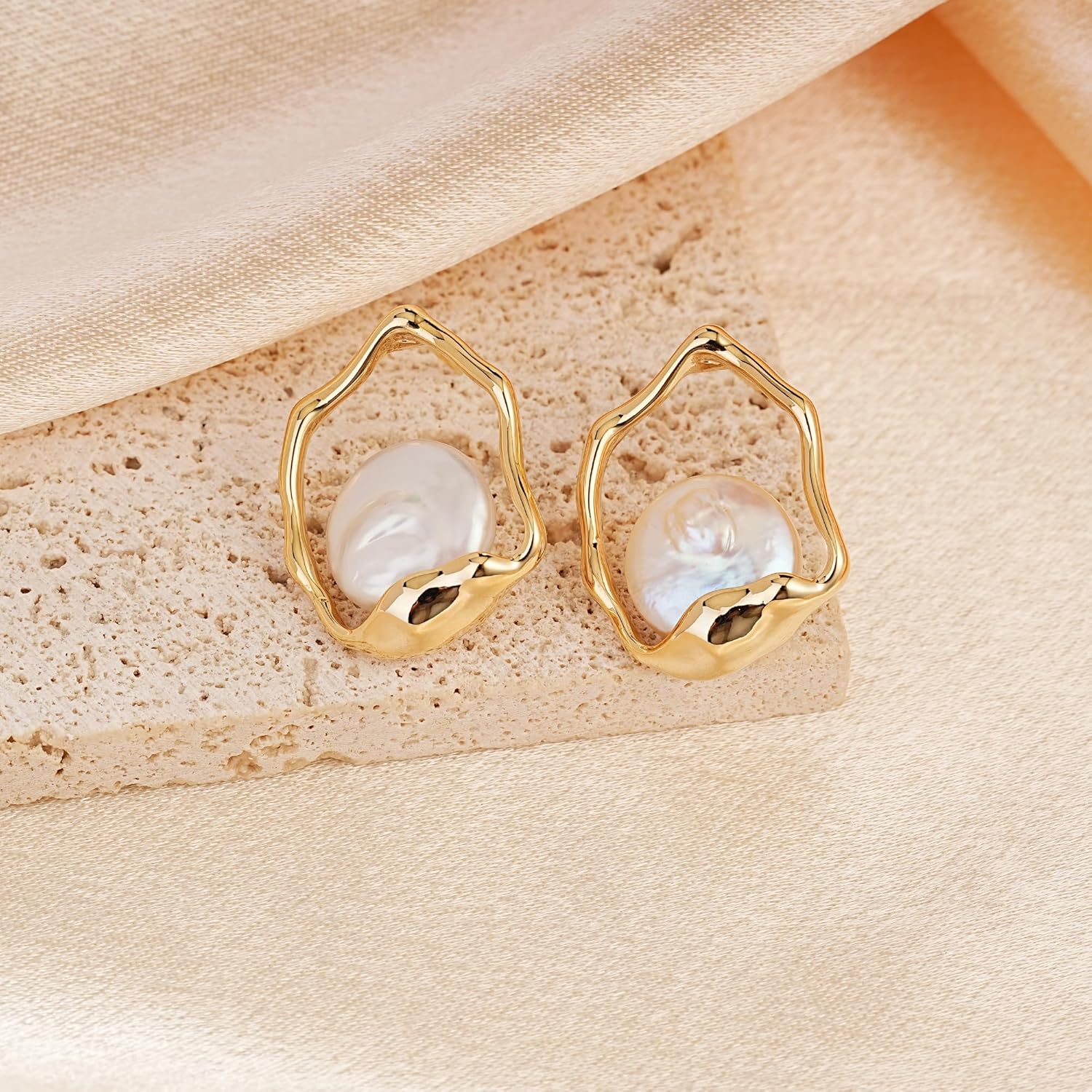 Baroque Pearl Earrings for Women, Dainty Freshwater Pearl Statement Earrings Hypoallergenic Round White Pearl Jewelry Gifts for Wedding Engagement Anniversary - Image 6