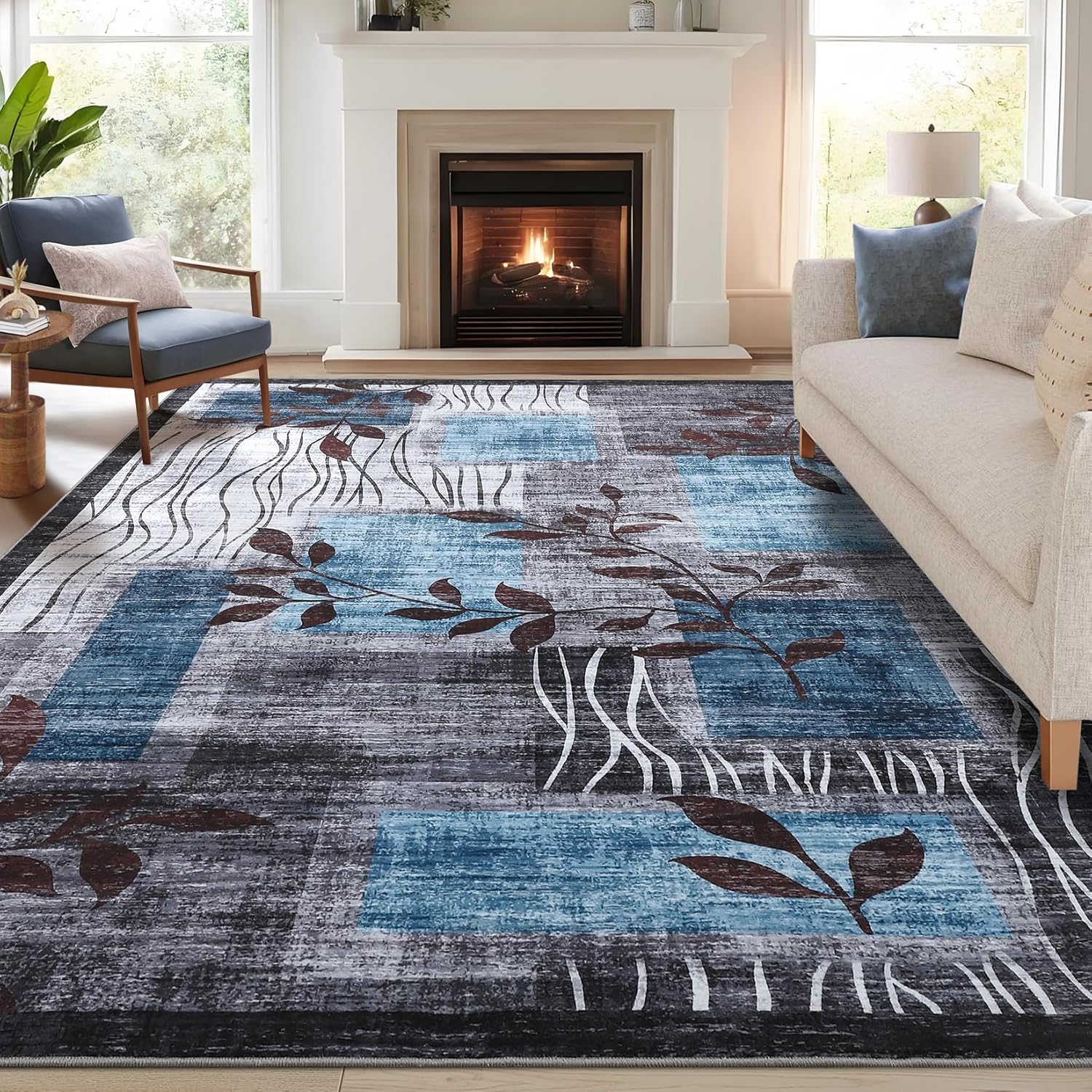 GarveeHome Machine Washable 8x10 Geometric Floral Rug, Large Modern Area Rug for Living Room Bedroom Non-Slip Soft Dining Room Carpet Nursery Farmhouse Home Office Blue/Gray 8' x 10' (Rectangular)
