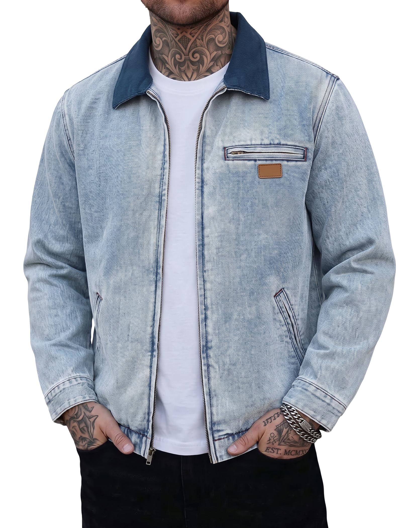 JMIERR Mens Casual Denim Jacket Corduroy Collar Zip Detroit Jean Coat