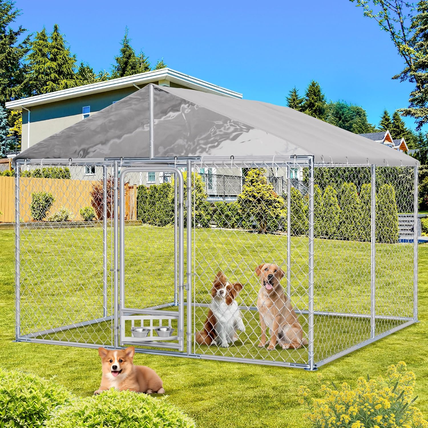 TITIMO Large Outside Dog Cage Kennels with Rotating Feeder Bowls, 10' x10' Outdoor Dog Fence Pen for Backyard Dog Run with Water-Resistant Cover (118" W×118" D×83" H)