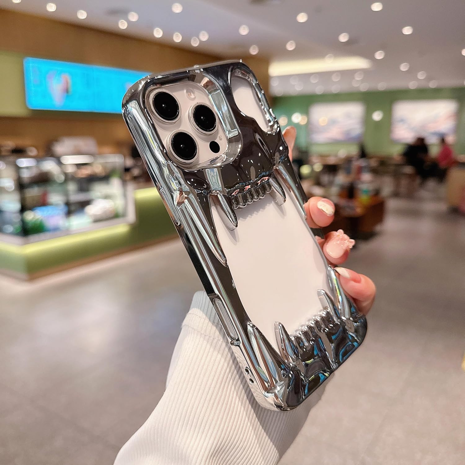 Gothic 3D Hollow Horror Devil Pattern Case for iPhone 16 Pro Max, [Luxury Chrome Color Plating] [Heat Dissipantion Thermal Design] Shockproof Bumper for Halloween- Silver - Image 6