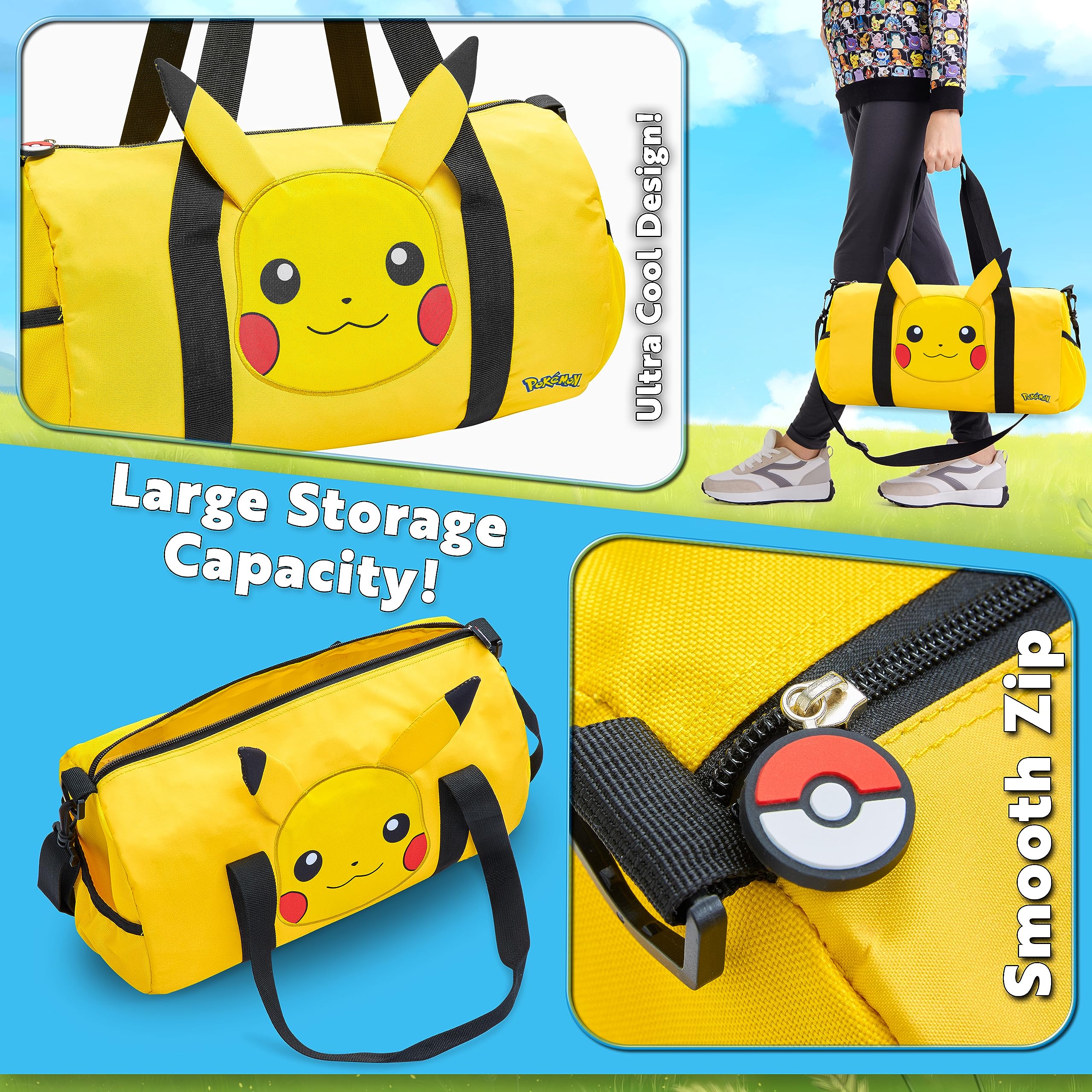 Pokémon Torba Podróżna dla Dzieci - Gimnastyczna, Przez Noc, Sportowa, Pikachu Football Kit Holdall - Prezenty dla Chłopców, Jeden Rozmiar, Żółte Uszy 3D