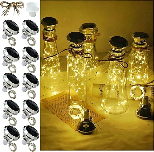Luces solares para botella de vino, paquete de 10 luces de corcho de diamante, 20 LED para exteriores, impermeables, para jardín, boda, patio
