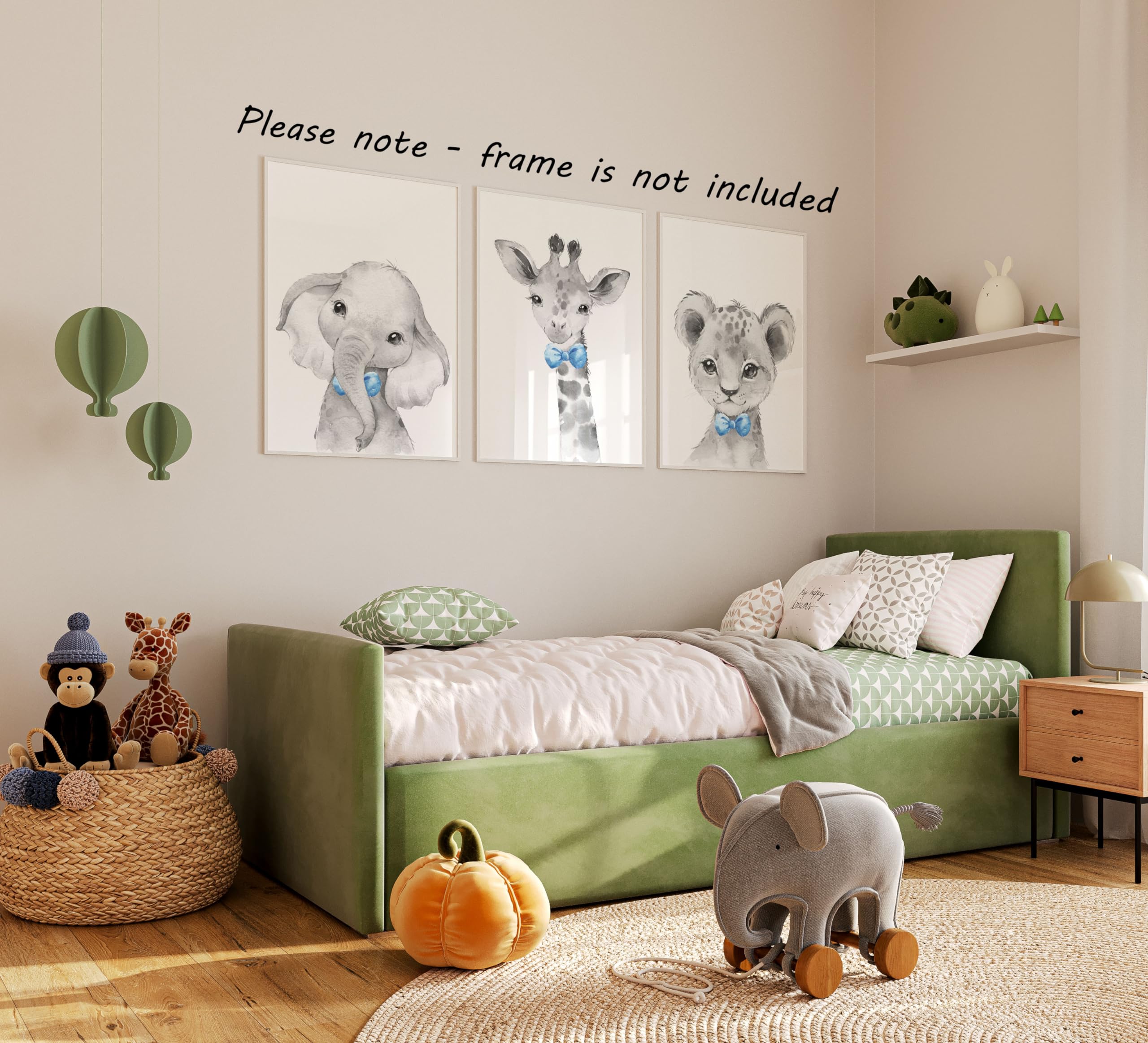 Eviepops Prints Set di 3 Stampe Safari Cameretta Bambini, Poster Animali Elefante Leone Giraffa con Fiocchi Azzurri, Senza Cornice, Decorazione Parete, Idea Regalo Neonato(A3)