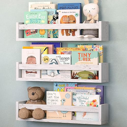 Miniatura 8 de NATURE SUPPLIES Juego de 3 estantes de libros de 16.4 pulgadas, madera maciza para libros, juguetes, decoración, estantería de pared para dormitorio