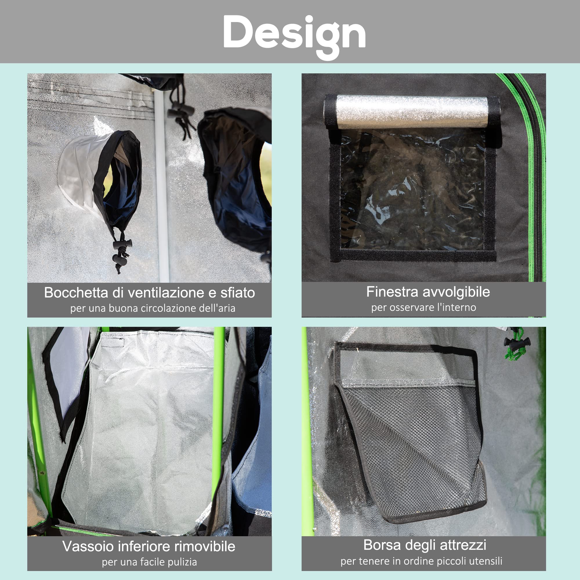 Outsunny Serra Idroponica per Interni, Tessuto Riflettente e Prese d'Aria, Porte e Finestre, 90x60x135cm Nero e Verde