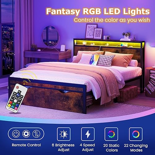 Miniatura 4 de FAVOOSTY Base de cama Queen con cabecera de 2 niveles, plataforma de metal con 2 cajones de almacenamiento, luces LED y estación de carga, sin