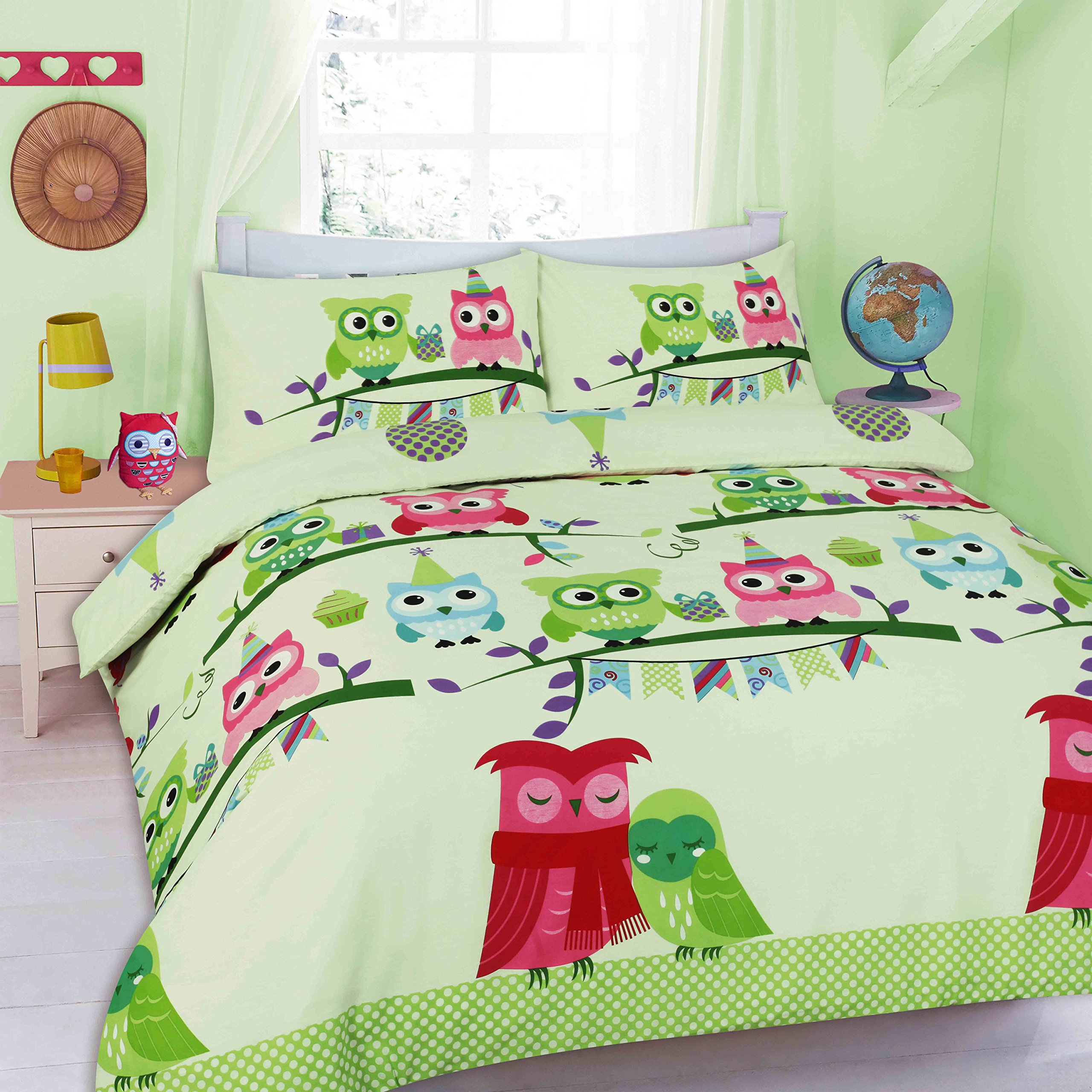 Casa D'or Mint Green Owl Duvet Cover Sets Kids Children Toddler Quilt Cover Bedding Set - Cot Bed Duvet Set,