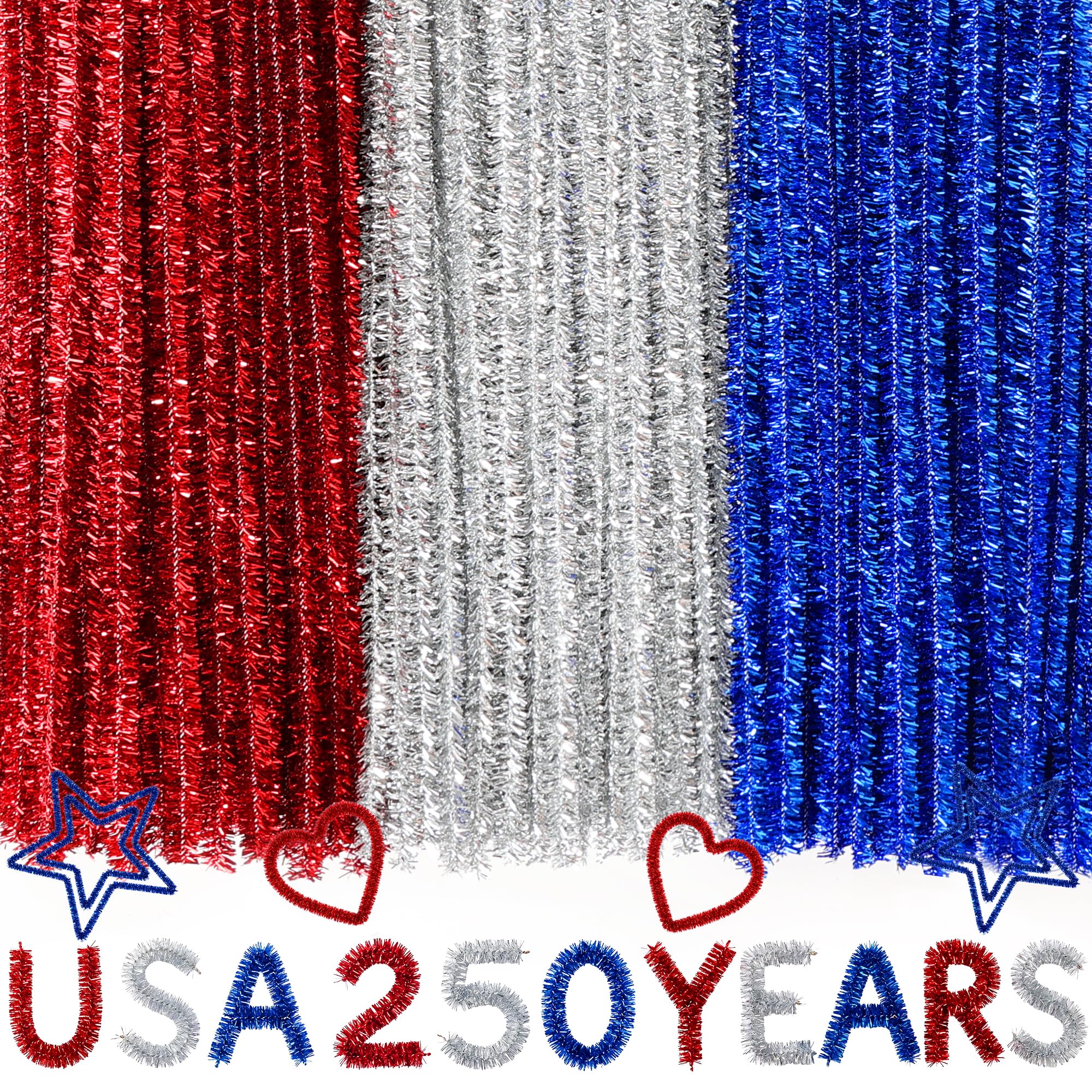 Caydo 200 PCS Independence Day Pipe Cleaners for Patriotic Party Decoration, Red Royal Blue Silver Glitter Chenille Stems Bulk for 4th of July DIY Arts Crafts &amp; Home Decorations