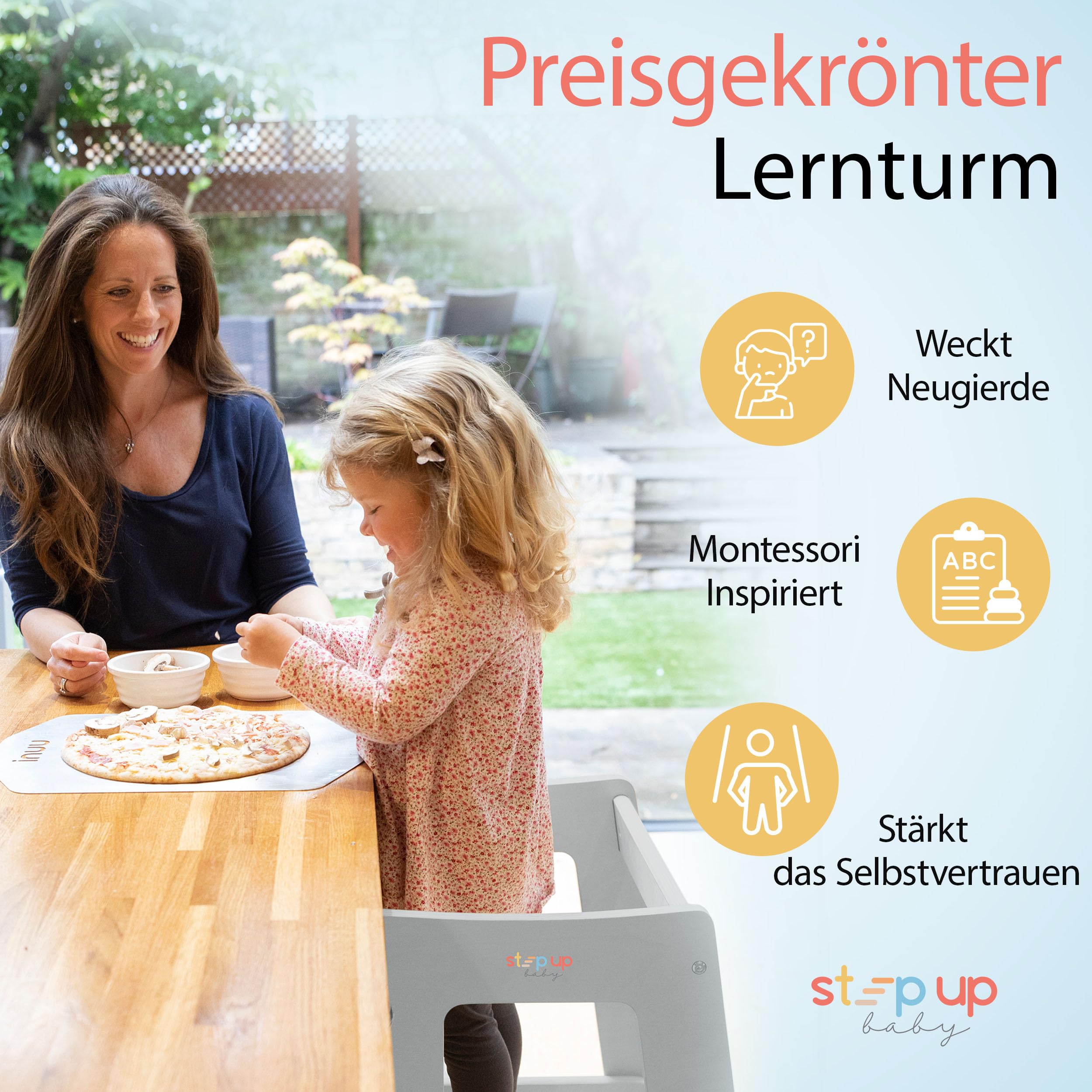 Stepup Baby Montessori Lernturm Tritthocker | Hochstuhl | Höhenverstellbar | Küchenhelfer | Sicherheitsgeländer | Für Kinder von 18 Monaten bis 5 Jahren - Grau