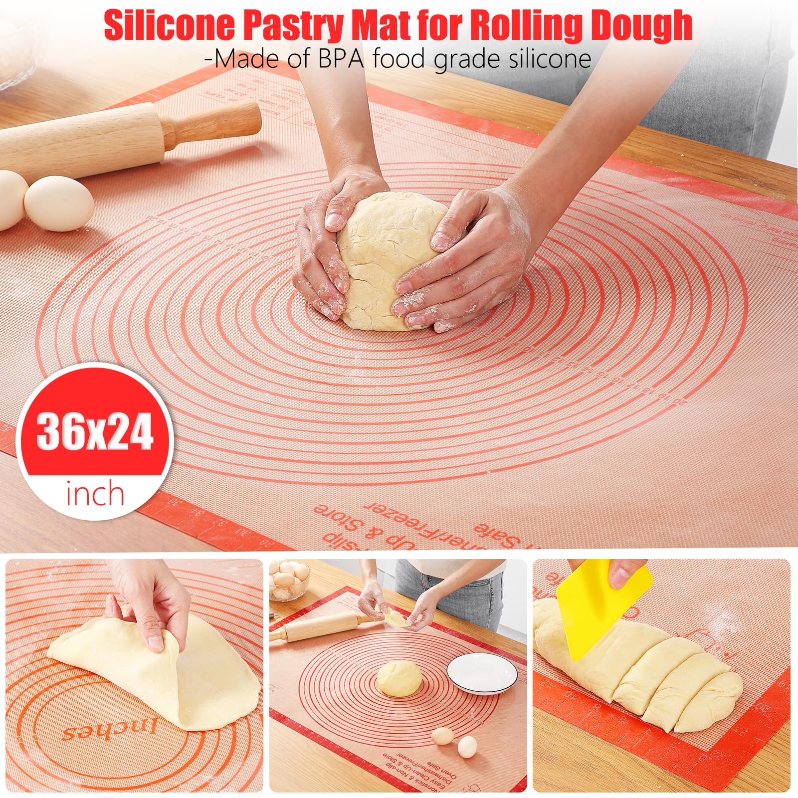 Alfombrilla de silicona para hornear de 36 x 24 pulgadas, antideslizante y reutilizable con medidas, tabla de amasar antiadherente, para masa, pastelería, corteza de pastel, fondant, galletas, pan