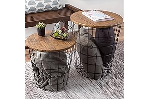 Lavish Home Pair of Nesting Round Table with Storage Basket for Living Room