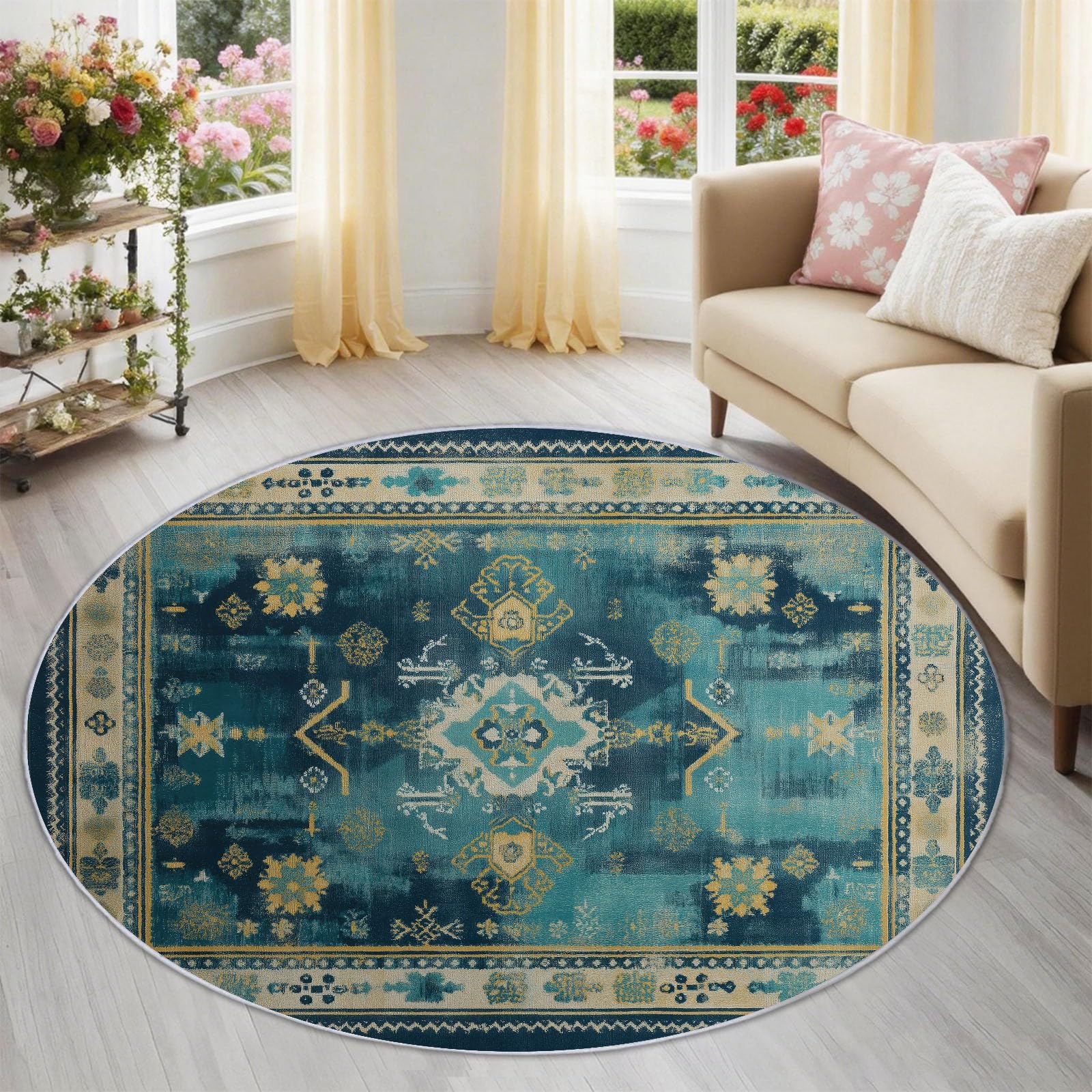 Alfombra redonda antideslizante para evitar caídas en salón con diseño azul pato floral suave