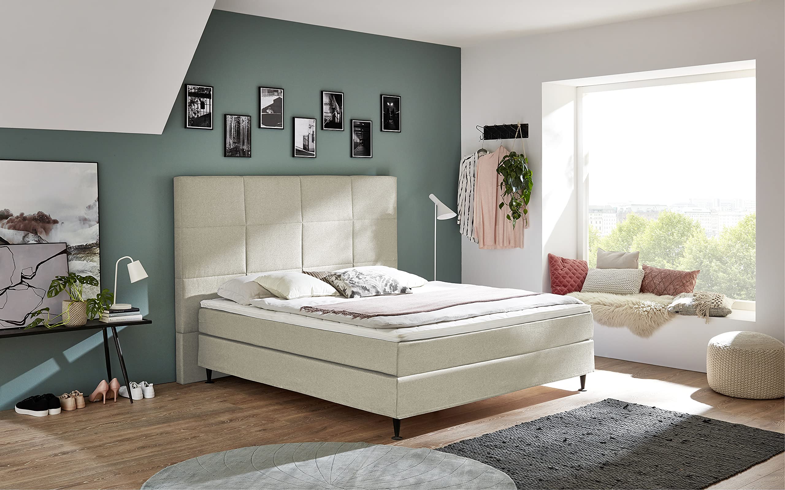 Atlantic Home Collection Letto a molle con testiera extra alta Ryan, color crema, 180 x 200 cm