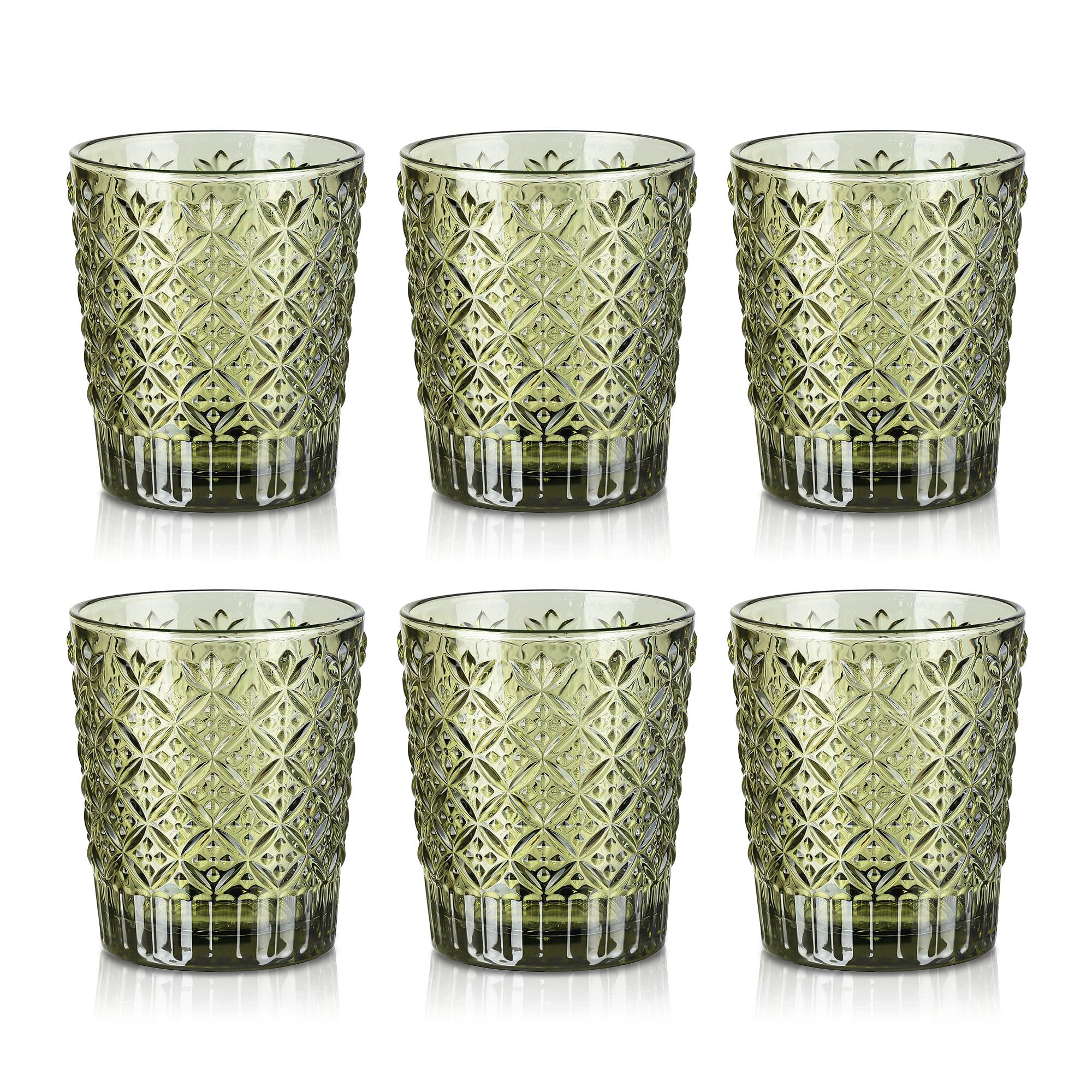 Joeyan 32cl Bicchieri da Acqua in Vetro Colorati, Set di 6 Verde Tumbler Basso con Quadretti Caramella Rilievo, Design Moderni, Idea Regalo Per Matrimoni, Feste e Casa Nuova, Lavabile in Lavastoviglie