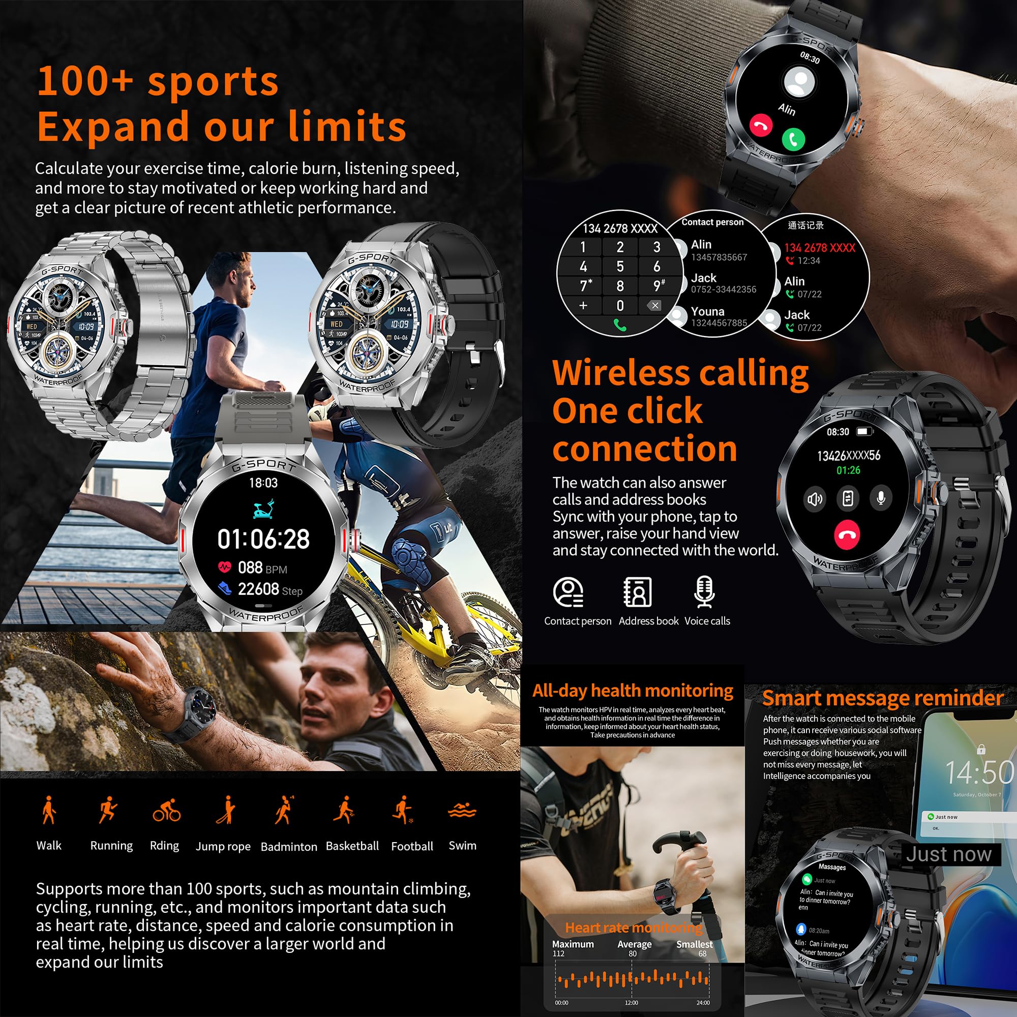 Reloj Inteligente Hombre con Llamadas, 1,46” AMOLED 5ATM Smartwatch Deportivo con Podometro Pulsometro SpO2 Sueño Presion Arterial Pulsera Actividad 5ATM Reloj para iOS Android, 3 Correas (plateado)