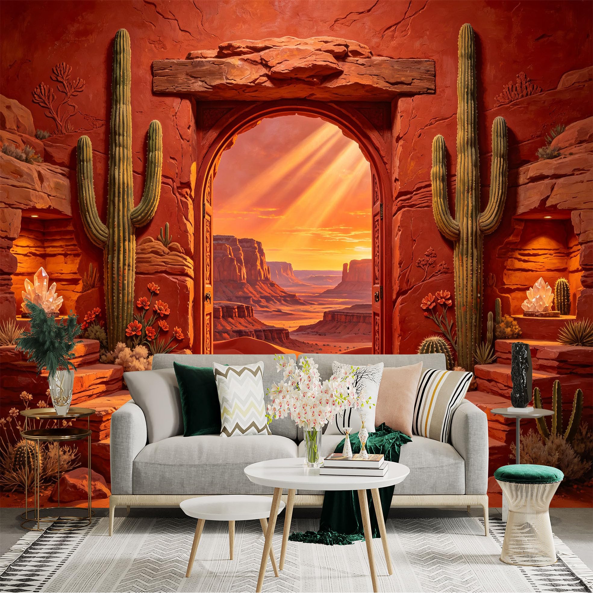 Custom Size Wall Sticker Mural， Desert Canyon Sunset with Cactus and Sandstone Archway， for wall Decoration， peelandstick wall Decals.