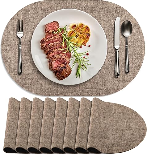 Miniatura 1 de Juego de 8 manteles individuales antideslizantes, resistentes al calor, ovalados, de piel sintética, de doble capa, impermeables, fáciles de