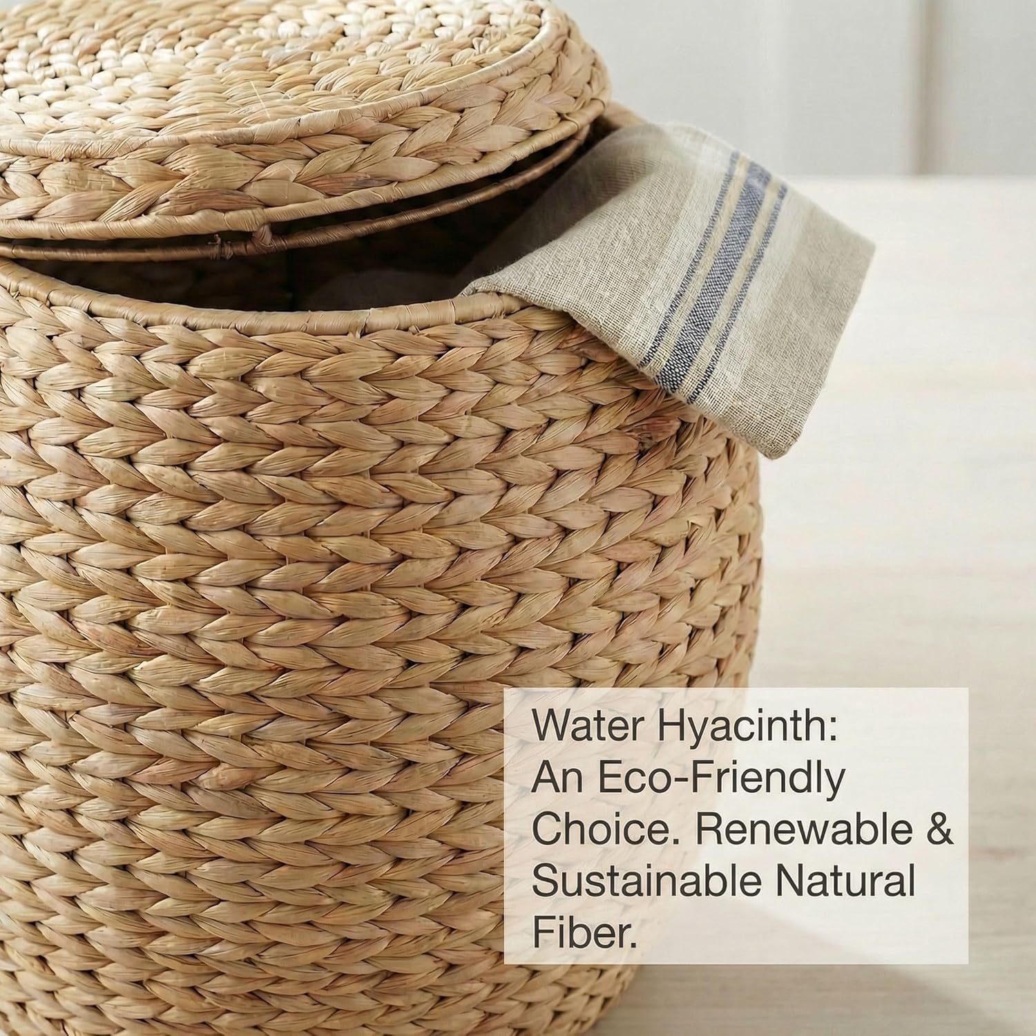 DEILSY™ Natural Round Water Hyacinth Storage Basket with Lid - Multipurpose Woven Storage Basket, Decorative Round Woven Basket for Living Room, Closet, Bedroom, Bathroom or Laundry