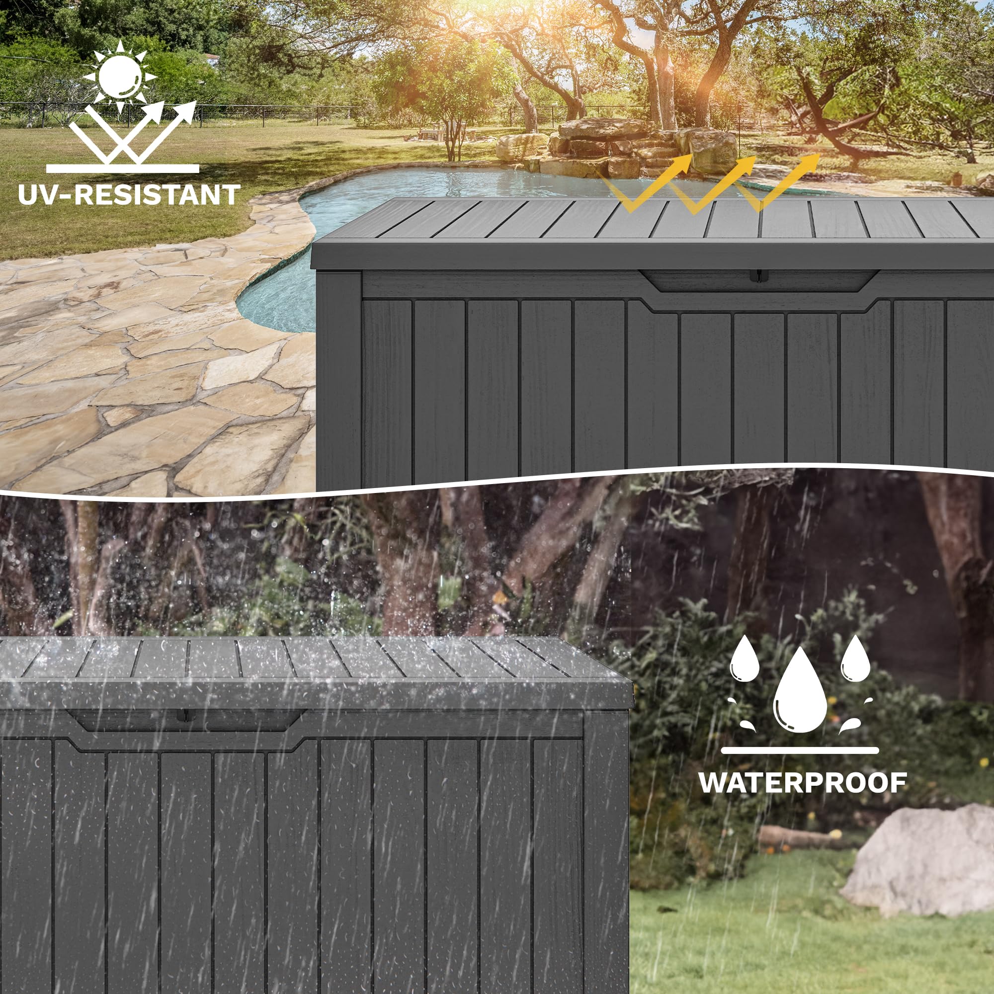 DWVO Gartenbox|450 Liter 142.1x67.6x60cm|Auflagenbox Aufbewahrungsbox Garten Kissenbox Outdoor Gartentruhe |Wasserdicht Gasdruckfeder|Für Sitzauflagen Gartengeräte & Kinderspielzeug|Dunkelgrau