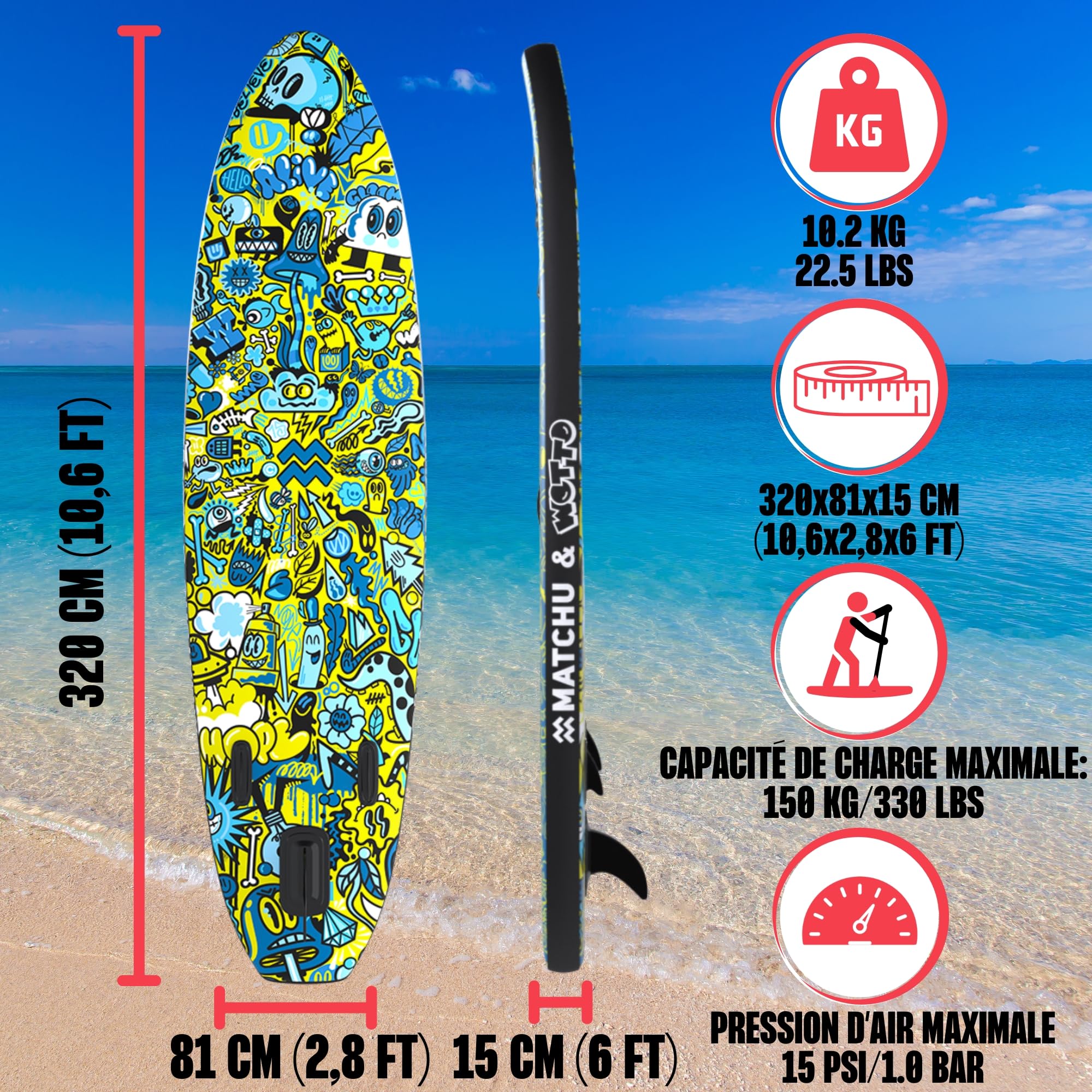 MATCHU - Planche Gonflable Sup Board - Planche à Paddle - Édition limitée - Livré avec Certificat - Kit Complet - 320x81x15 CM - Charge maximale : 150 KG - Art Collection