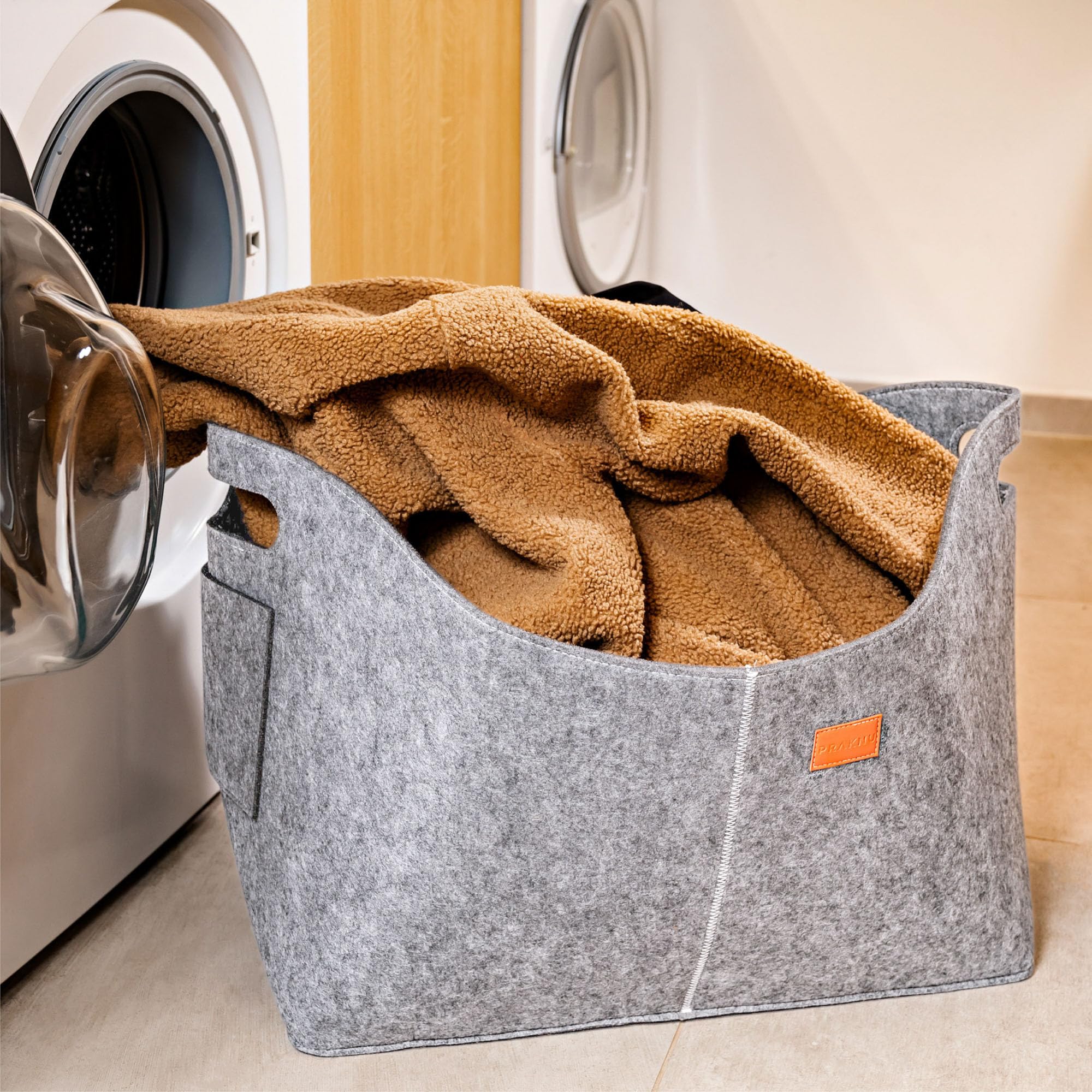 Praknu Cesto para Leña Interior - Grande - De Fieltro Reciclado - Con Asas de Transporte - Bolsa de Fieltro para Almacenar Leña de Chimenea y Más - Gris
