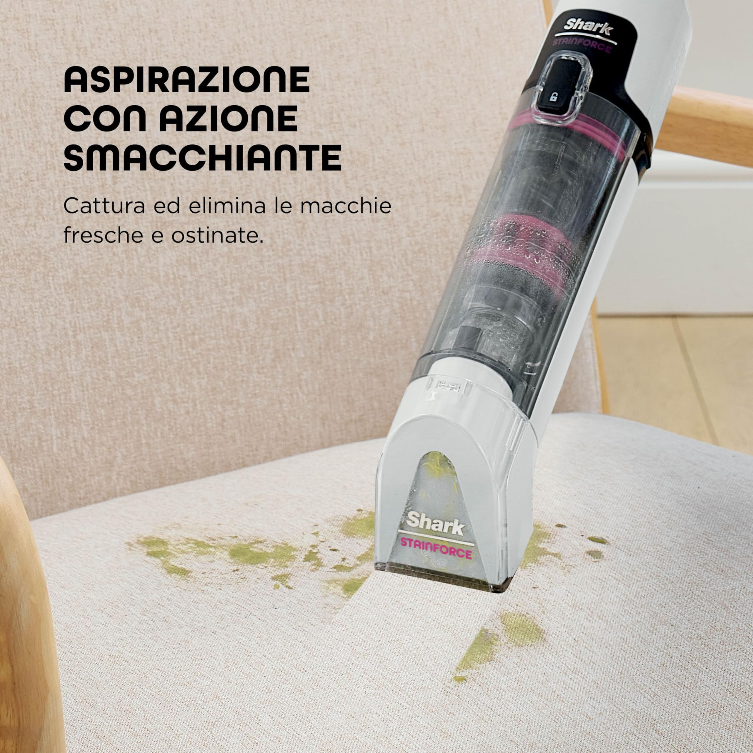 Shark StainForce Pulitore elettrico senza filo leggero, Elimina macchie e odori da tappeti, moquette, tappezzeria, scale, auto. Con cestello di stoccaggio, accessori e soluzione detergente, HX100EUT