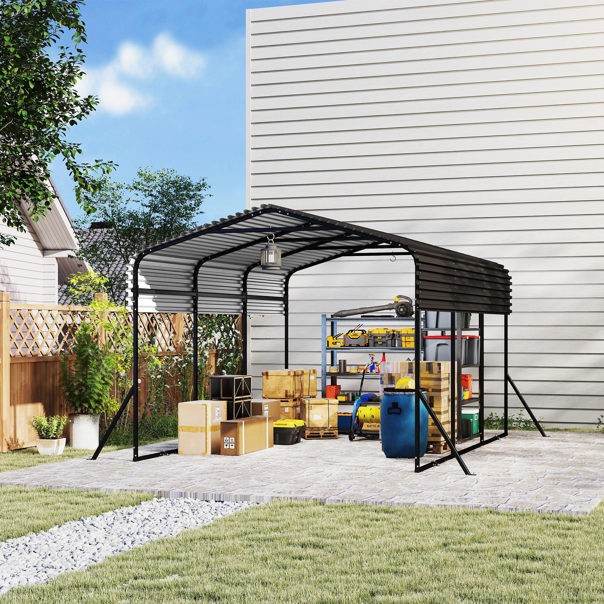 4,5x3x2,5m Carport für den Außenbereich, XL Zeltgarage aus Pulverbeschichte Stahlrohr & Dachblech, UV-Schutz & Wasserdicht Garagenzelt für Automobil, 13,5m² Freistehend Gartenlauben für Party