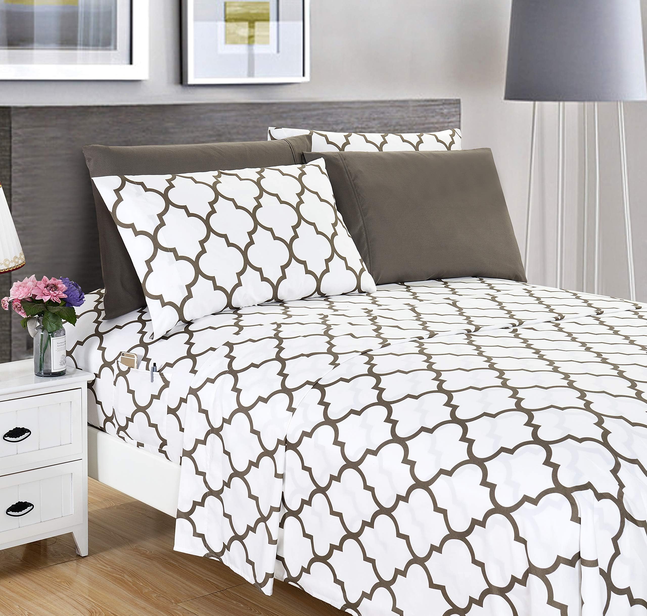 Elegant Comfort 6-Piece Quatrefoil Printed Deep Pocket Bed Sheet Set, Luxurious Silky 1500 Thread Count Bed Sheet Set Ultra Soft Wrinkle Resistant Bedding Set, Queen, WhiteOEKO-TEX STANDARD 100