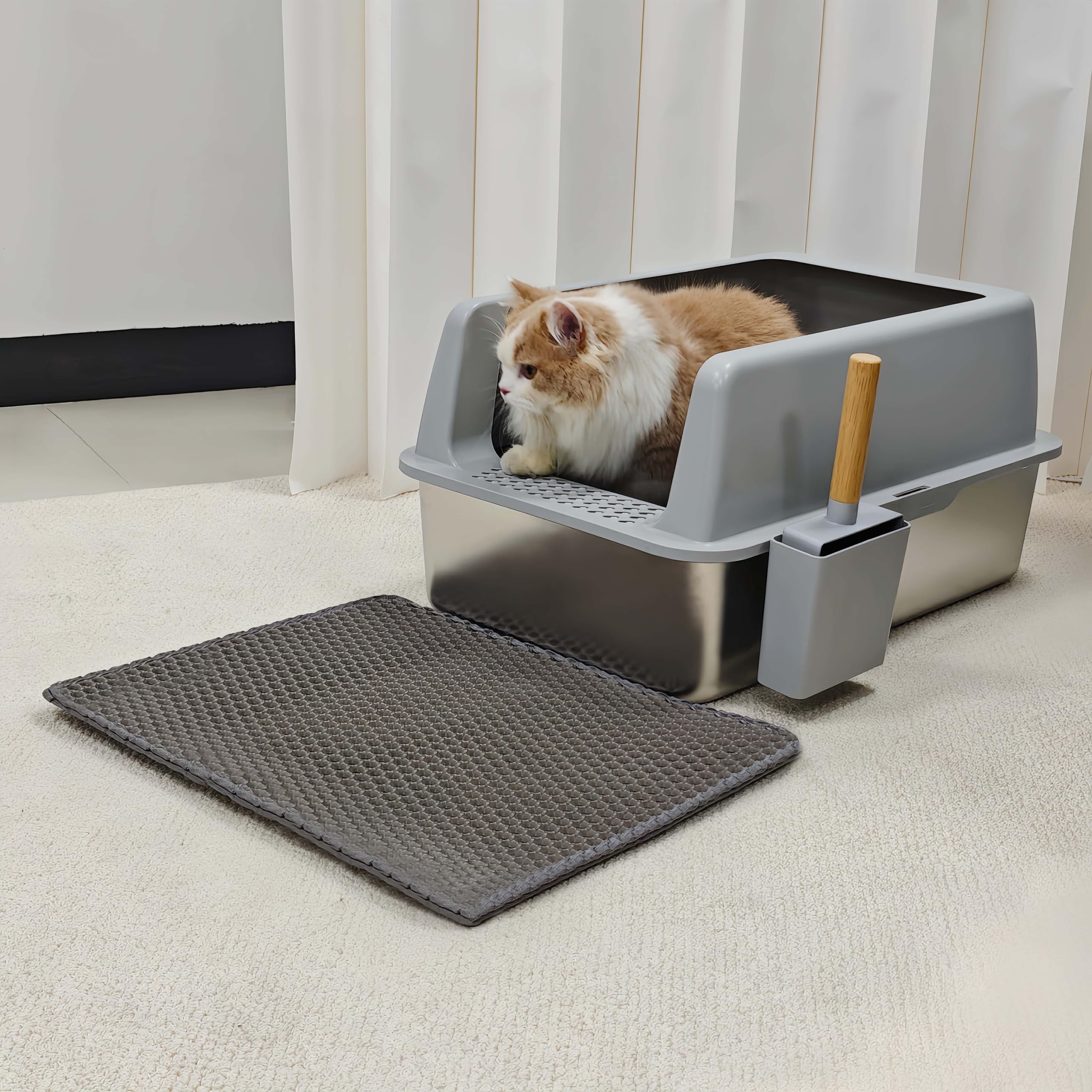 BingoPaw Katzenklo Edelstahl XXL, Katzentoilette Edelstahl für große Katzen, offenes Katzenklo mit hohem Rand, Katzenstreuschaufel und Katzenstreu Matte, Silbergrau 60.5x40.5x31cm