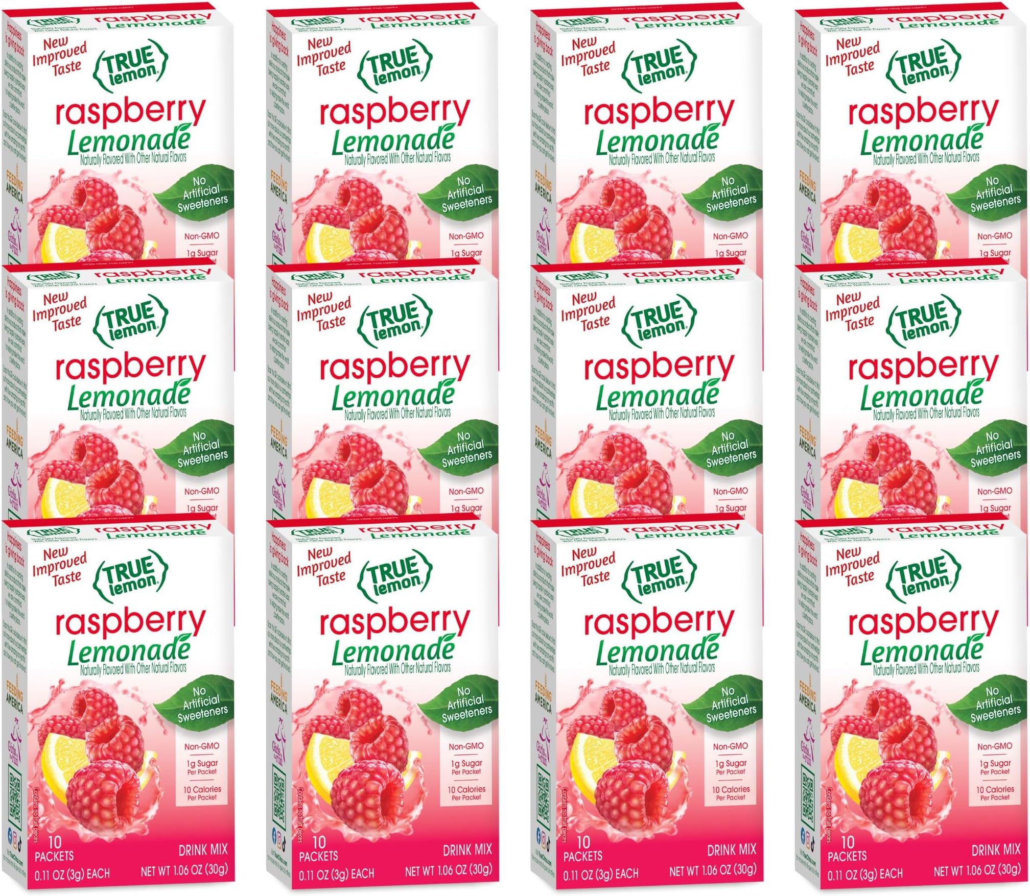 TRUE LEMON Raspberry Lemonade Drink Mix (10 - 1.06oz Stick Packets), Made from Real Lemon, Water Flavor Packets & Water Enhancer with Stevia, Pack of 12