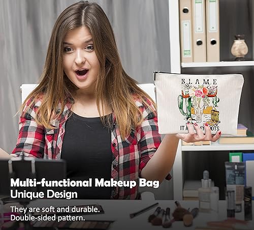 Miniatura 4 de Blame It All on My Boots Retro Western Cowgirl Boot Floral Bull Skull Cactus Bolsa de maquillaje, bolsa de maquillaje cosmética de música country