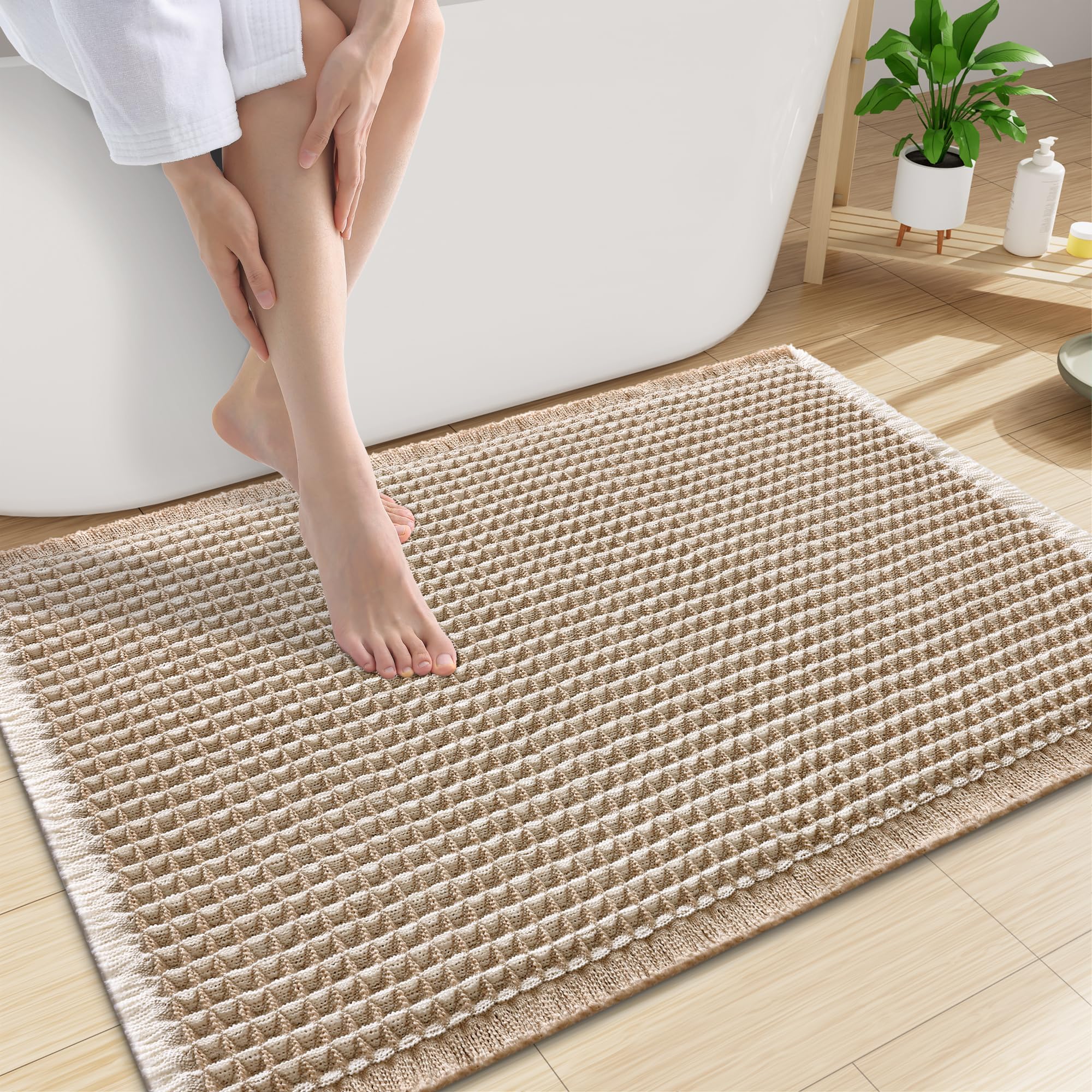 Smiry Waffle Bath Mat 30X20, Soft Absorbent Bathroom Rugs, Brown &amp; Cream