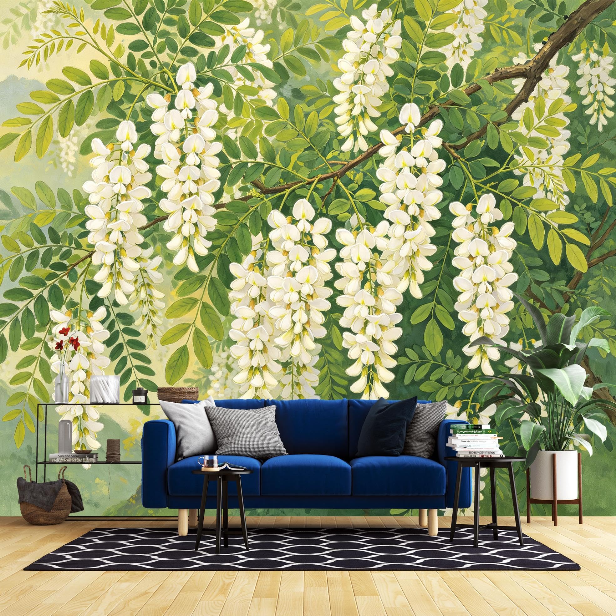 Papier Peint Mural Aquarelle De Fleurs Blanches, Vinyle Autocollant 280 X 180 cm (L X H), Amovible, Imperméable, Grand Format, Motif Botanique, Idéal pour La Décoration De Chambre ou De Salon.
