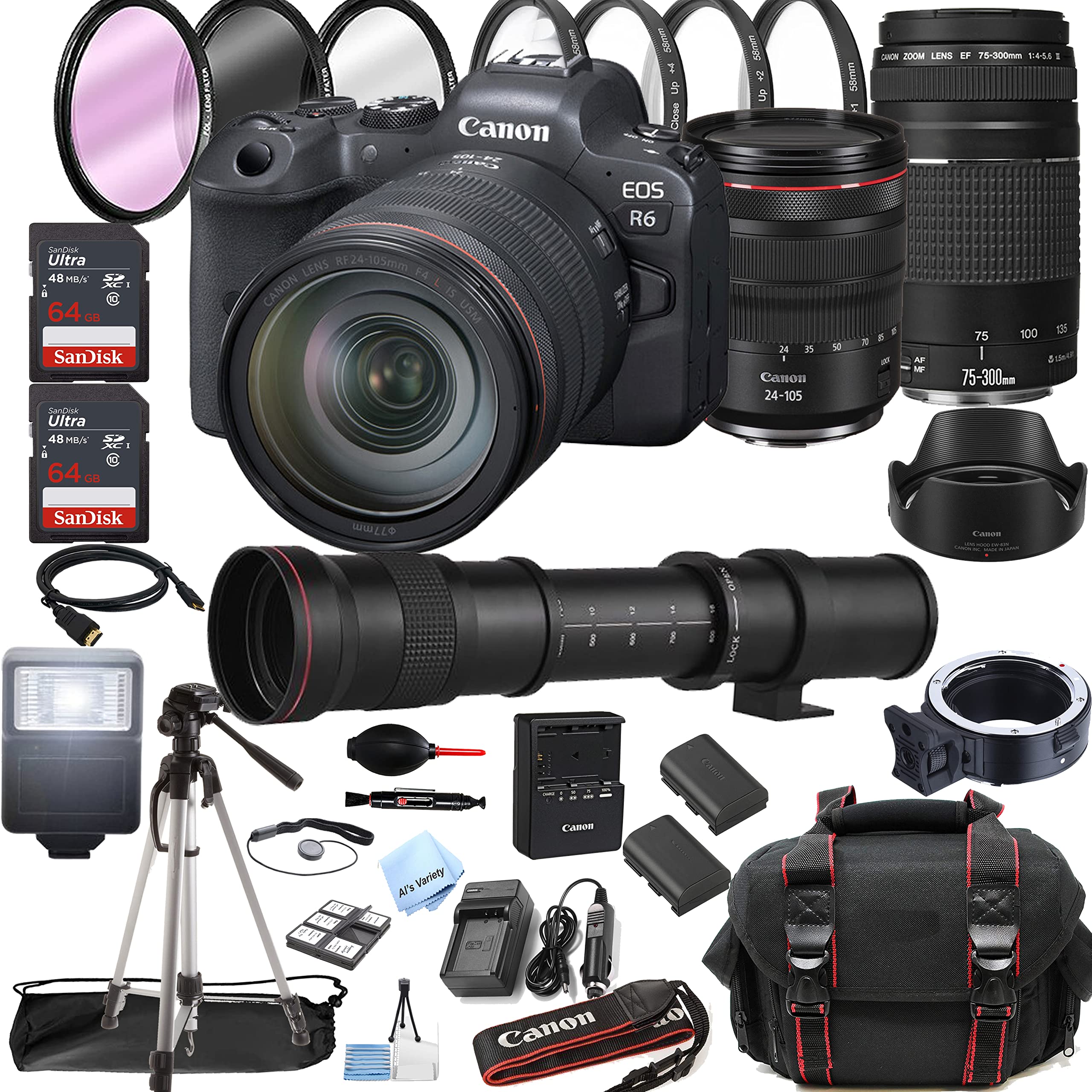 Canon EOS R6 Mirrorless Digital Camera with RF 24-105mm f/4 L is USM Lens + 75-300mm F/4-5.6 III Lens + 420-800mm Super Telephoto Lens + 128GB Memory + Case + Tripod + Filters (43pc Bundle)