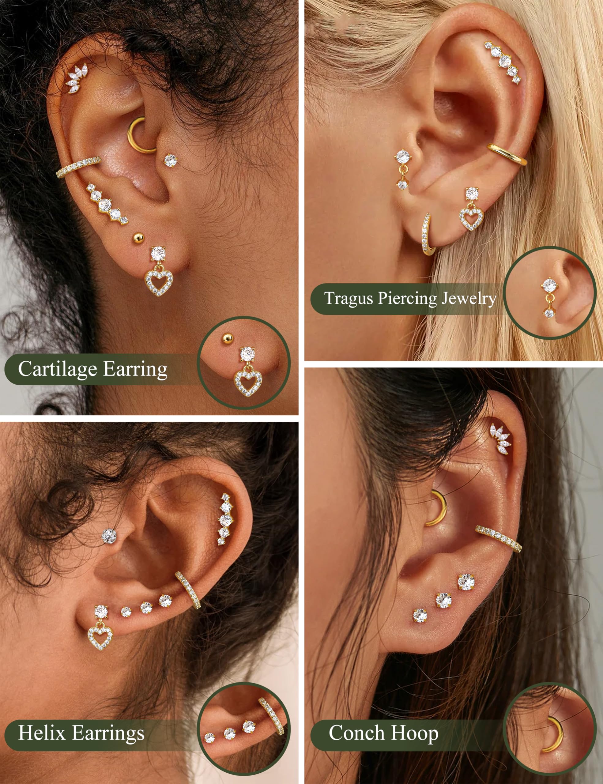11 Paar Tragus-Piercing-Schmuck, chirurgischer Stahl, hypoallergen, Flache Rückseite, Ohrringe für Damen, Silber/Gold, Huggie-Creolen, Tragus-Ohrstecker, Labret, Daith Rook Conch,