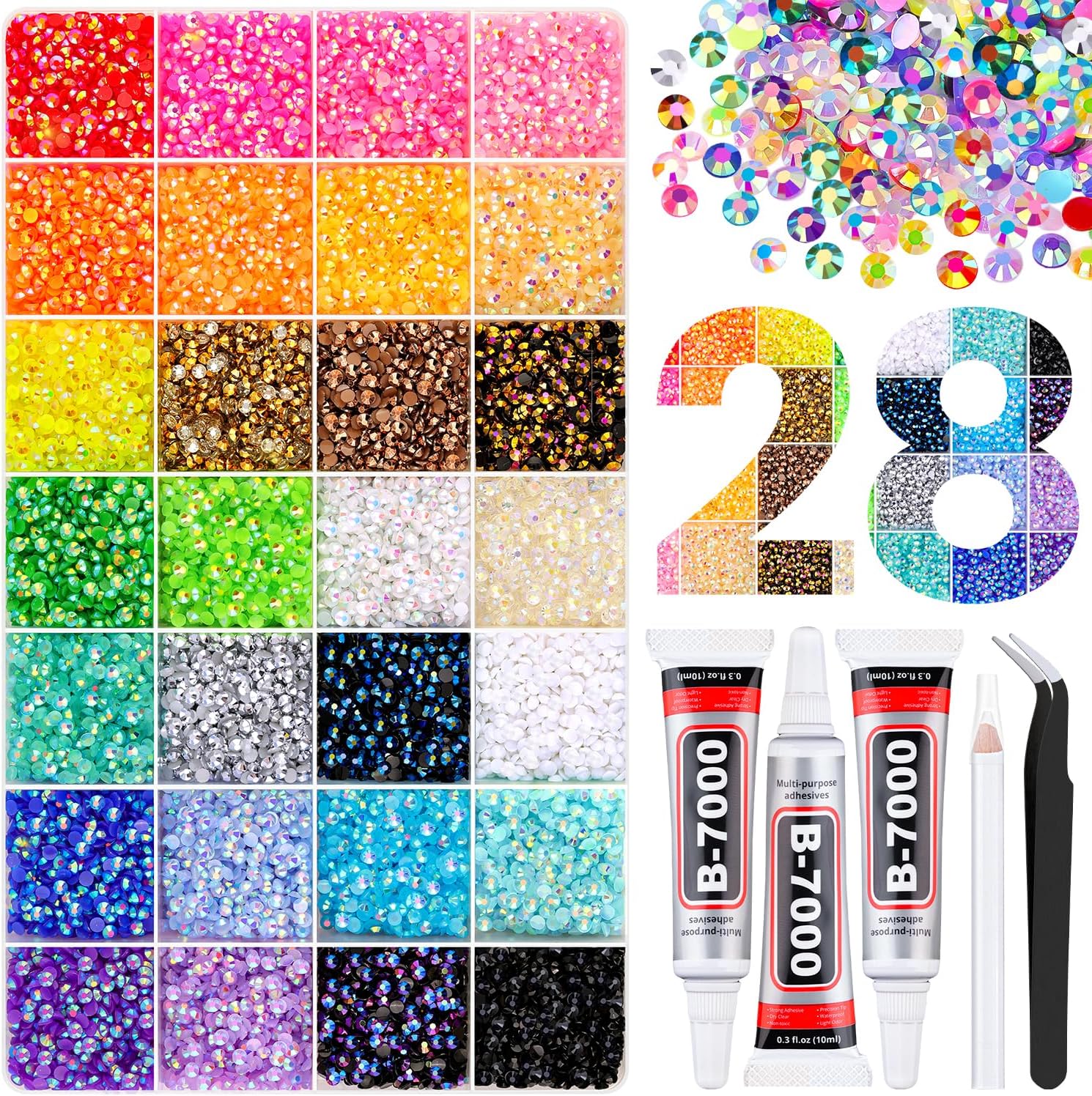 36000Pcs Jelly Rhinestones Bedazzling Kit, Multicolor 3mm Flatback Resin Bedazzler Gems with 3Pcs 10ml B7000 Jewelry Glue for Bedazzled Thing Diamond Art Book Crafting Nail Art