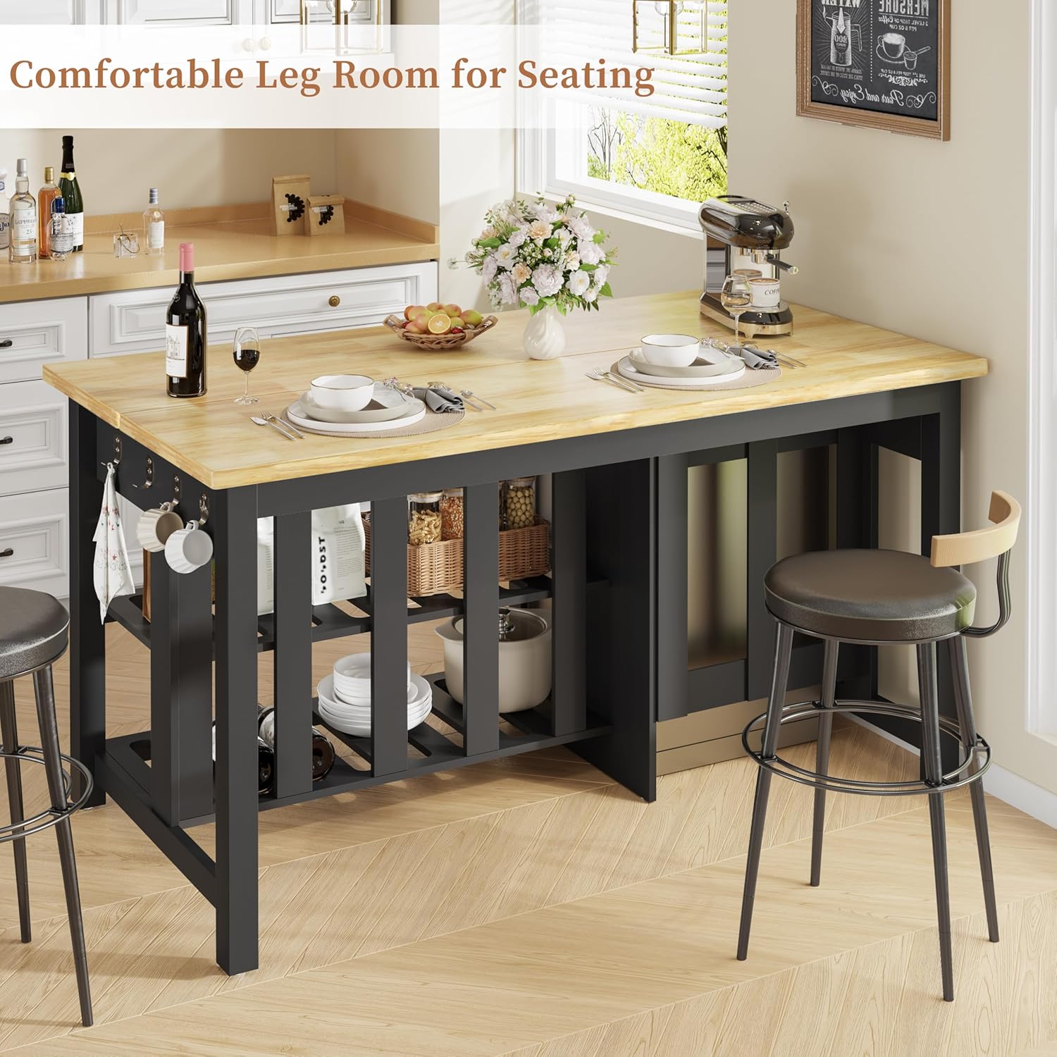 DynJest 60" Solid Rubberwood Kitchen Island with Fridge Storage Space and Power Outlets, 2 Drawers & Open Shelves Storage Cabinet for Home Kitchen, Farmhouse Counter Height Dining Table for 2-4, Black