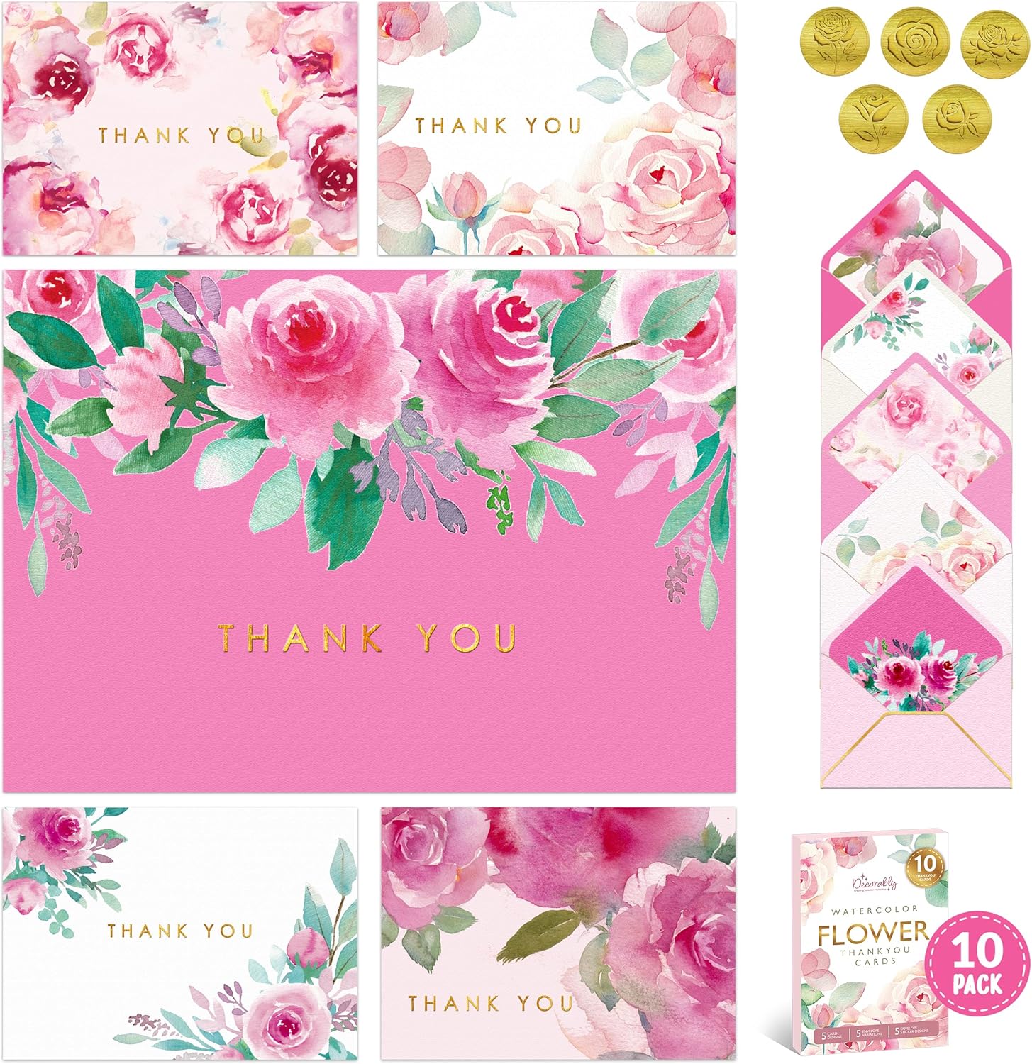 Decorably 10 Pack Gold-Foiled 5x3.75in Textured Floral Thank You Cards with Envelopes Watercolor Prints & Stickers, 5 Folded Elegant Designs for Friends, Family & Loved Ones, Blank Inside