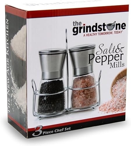 Miniatura 3 de Salero o pimentero con soporte a juego | Molinillo de especias con grosor ajustable | Molino de acero inoxidable cepillado | Par de molinos de sal y