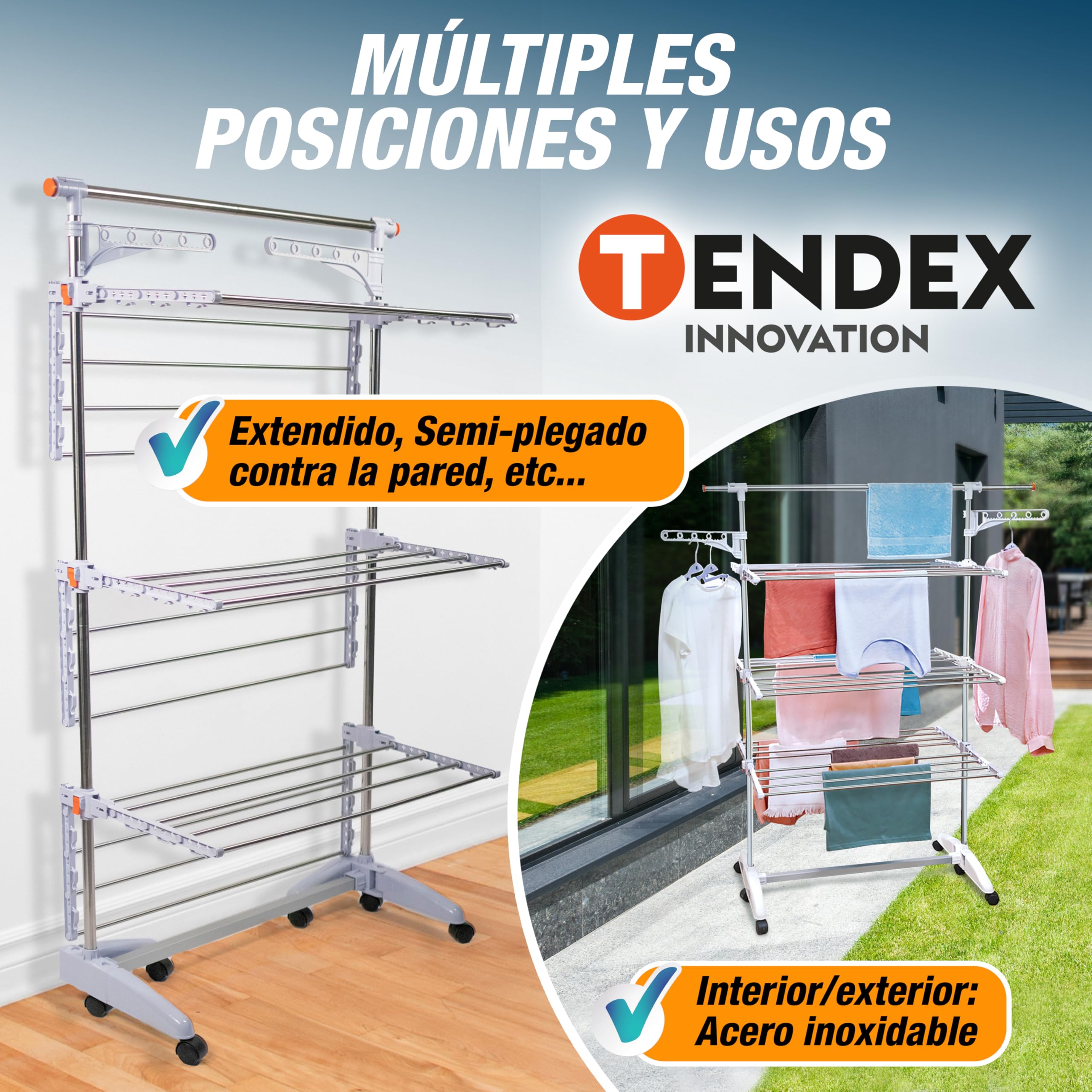 Tendedero Vertical Plegable INNOVA 3 Niveles, 6 Alas plegables, 24 Barras, 2 Soportes (hasta 14 Perchas), 36 Ganchos integrados. Ruedas 360º con bloqueo. Hasta 40kg ropa/17m de tendido (4 Niveles)