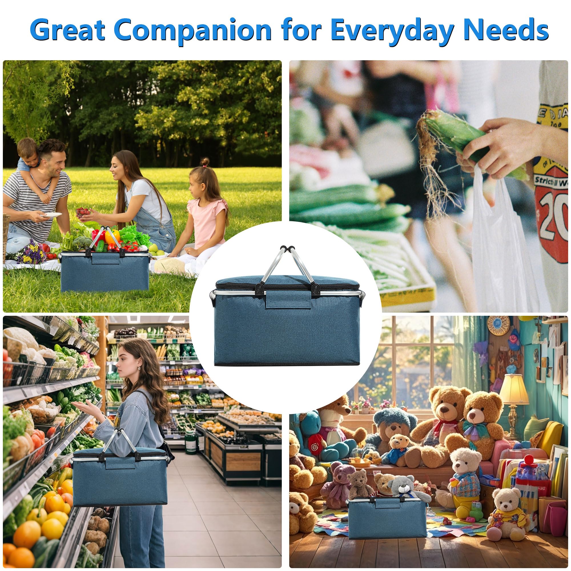 Cesta de Picnic 25L Cesta de la Compra Plegable con Asa Bolsa Picnic Bolsa Térmica Grande con Tapa Enfriador de Camping Plegable Caja Térmica para Trabajo Viajes Compras (Azul)