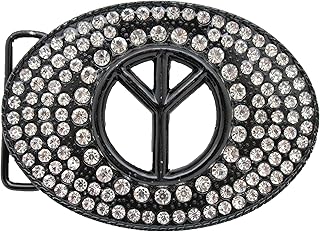TFJ Men Women Belt Buckle Western Fashion Big Metal Peace Sign Silver Beads Black