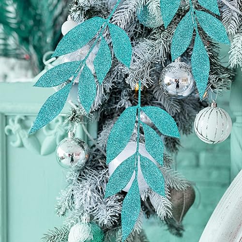 Miniatura 7 de Winlyn 20 aerosoles artificiales de hoja de laurel con purpurina verde azulado para árbol de Navidad, 12.7 pulgadas de alto, para árbol de Navidad,