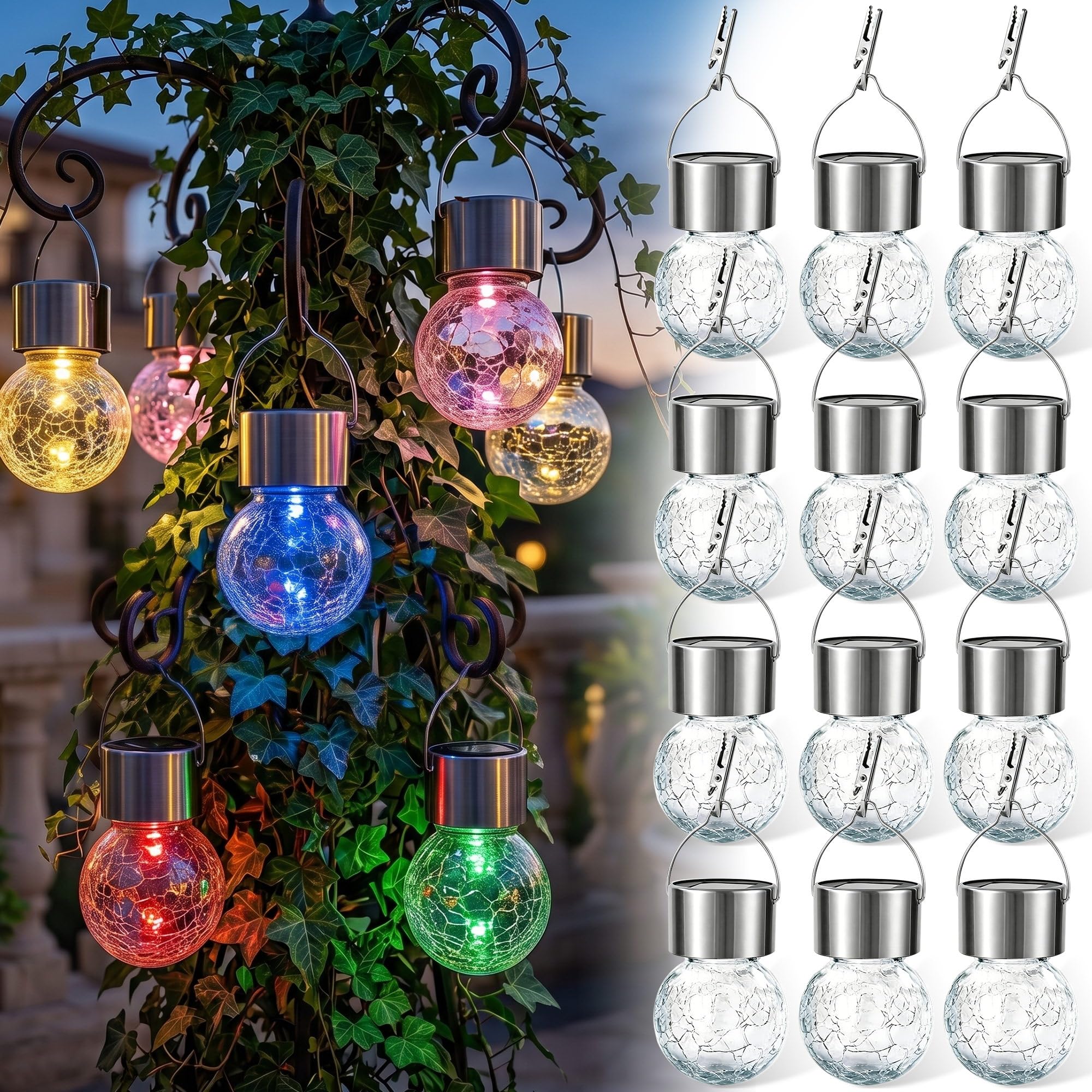 Innvist Outdoor Hanging Solar Lights, 12Pack Multi-Color Changing Cracked Glass Hanging Ball Lights with Handle, Waterproof Solar Bulbs Outdoor Garden for Balcony Tree Patio Yard Path Party Decoration